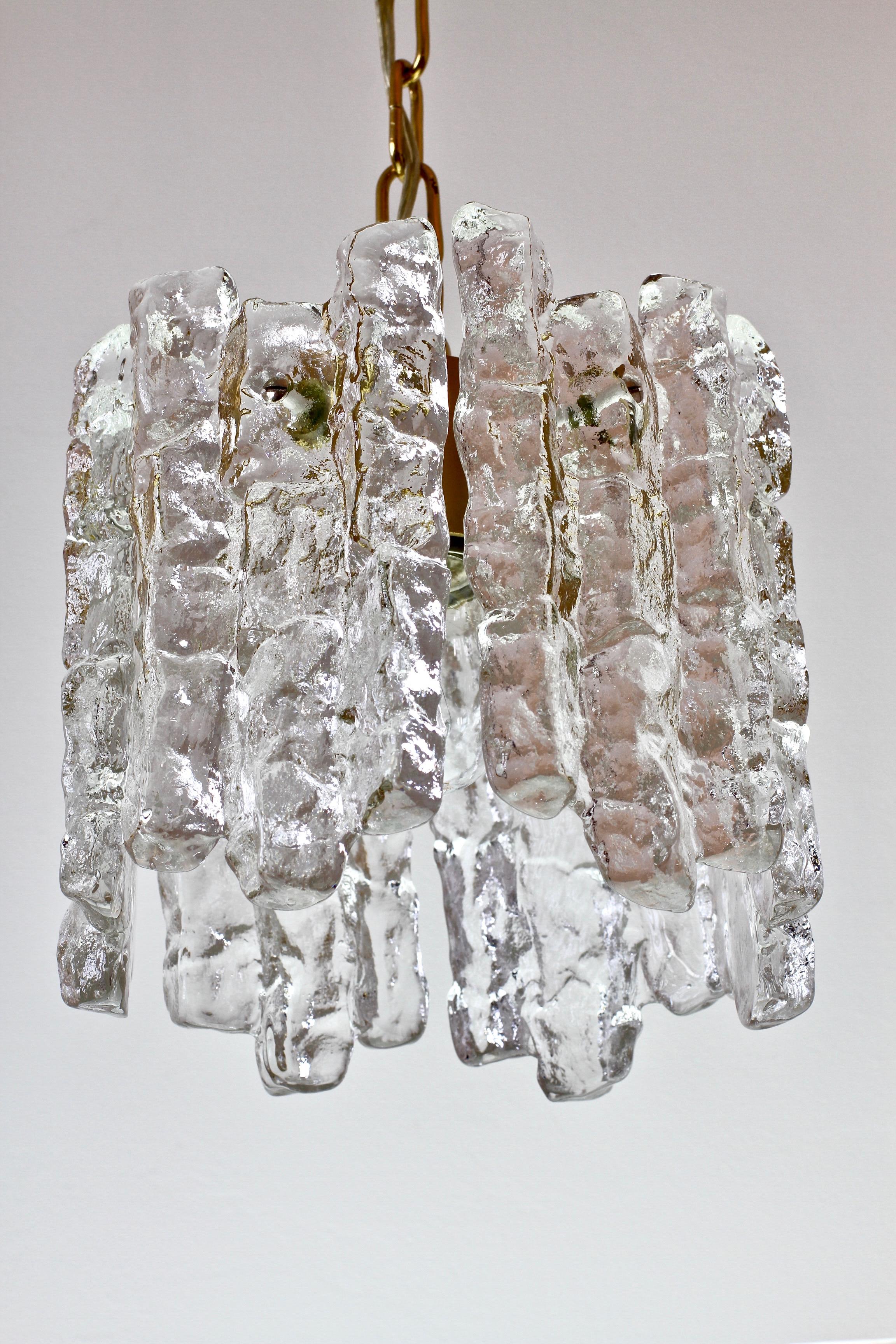 20th Century Mid-Century Kalmar Ice Crystal Glass and Brass Pendant Light or Chandelier 1960s For Sale