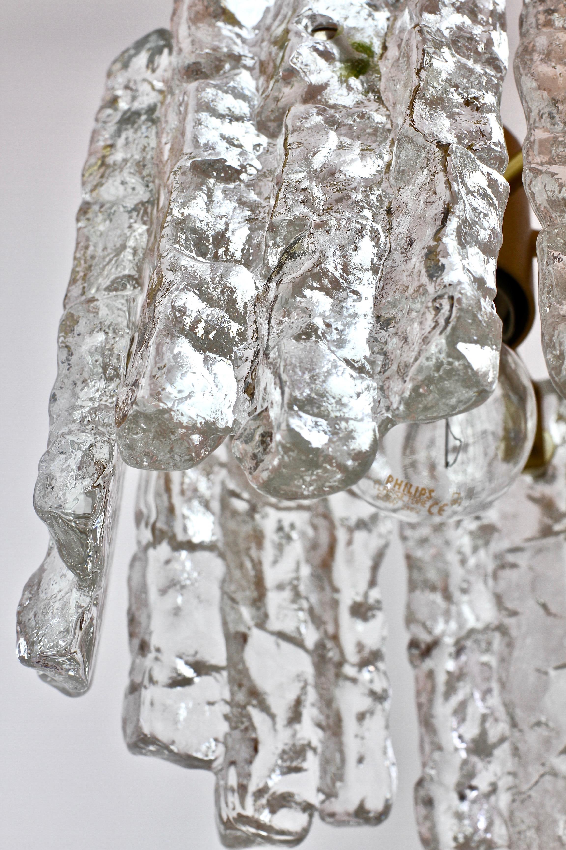 Mid-Century Kalmar Ice Crystal Glass and Brass Pendant Light or Chandelier 1960s 1