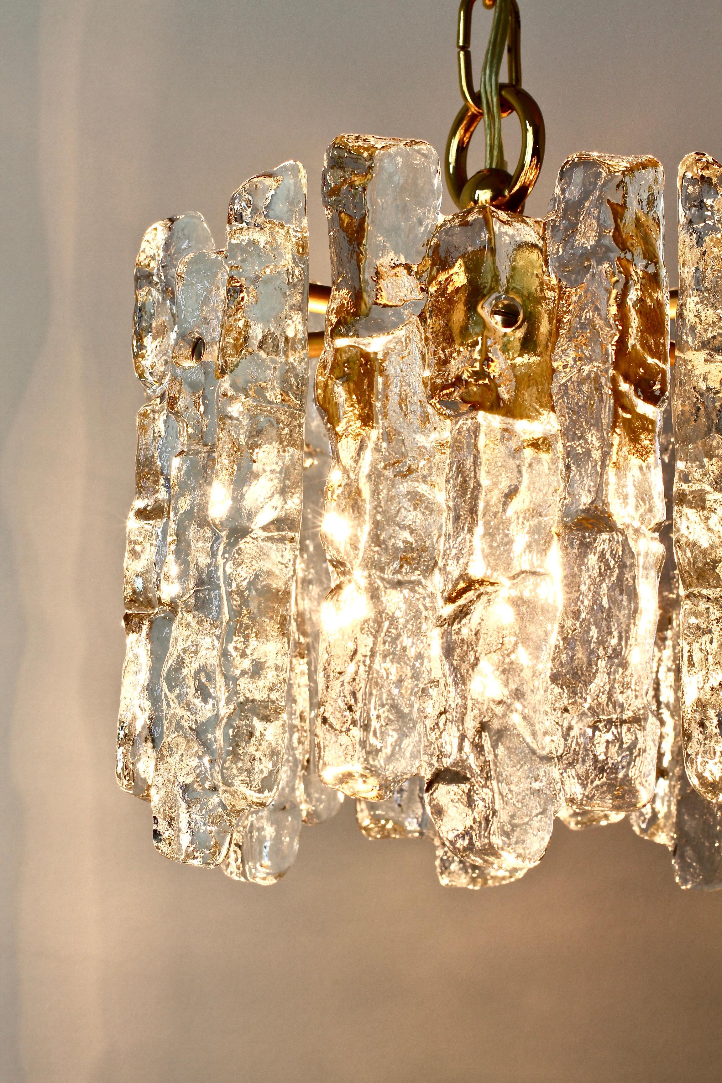 Mid-Century Kalmar Ice Crystal Glass and Brass Pendant Light or Chandelier 1960s 3