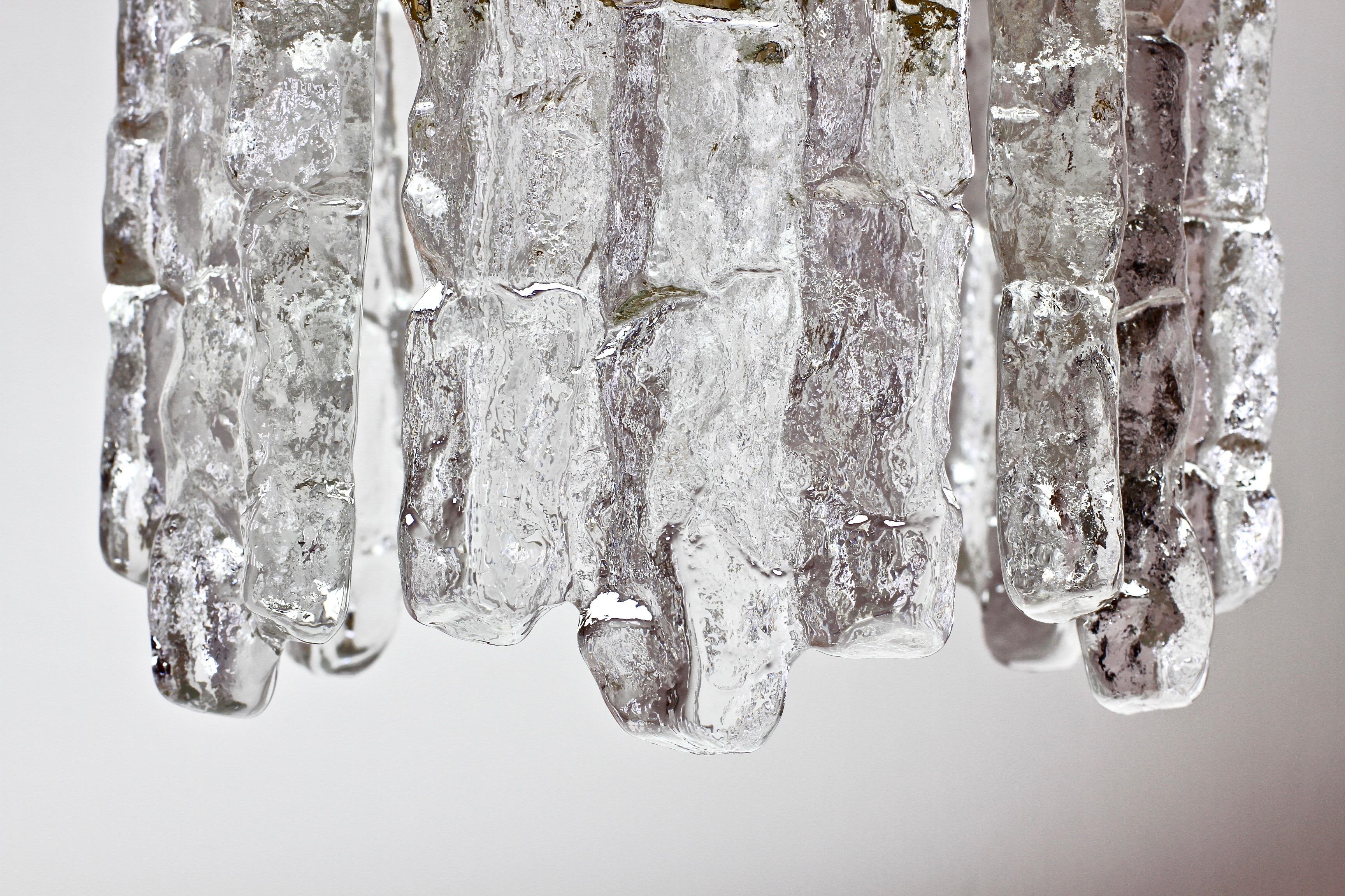 Mid-Century Kalmar Ice Crystal Glass and Brass Pendant Light or Chandelier 1960s 4