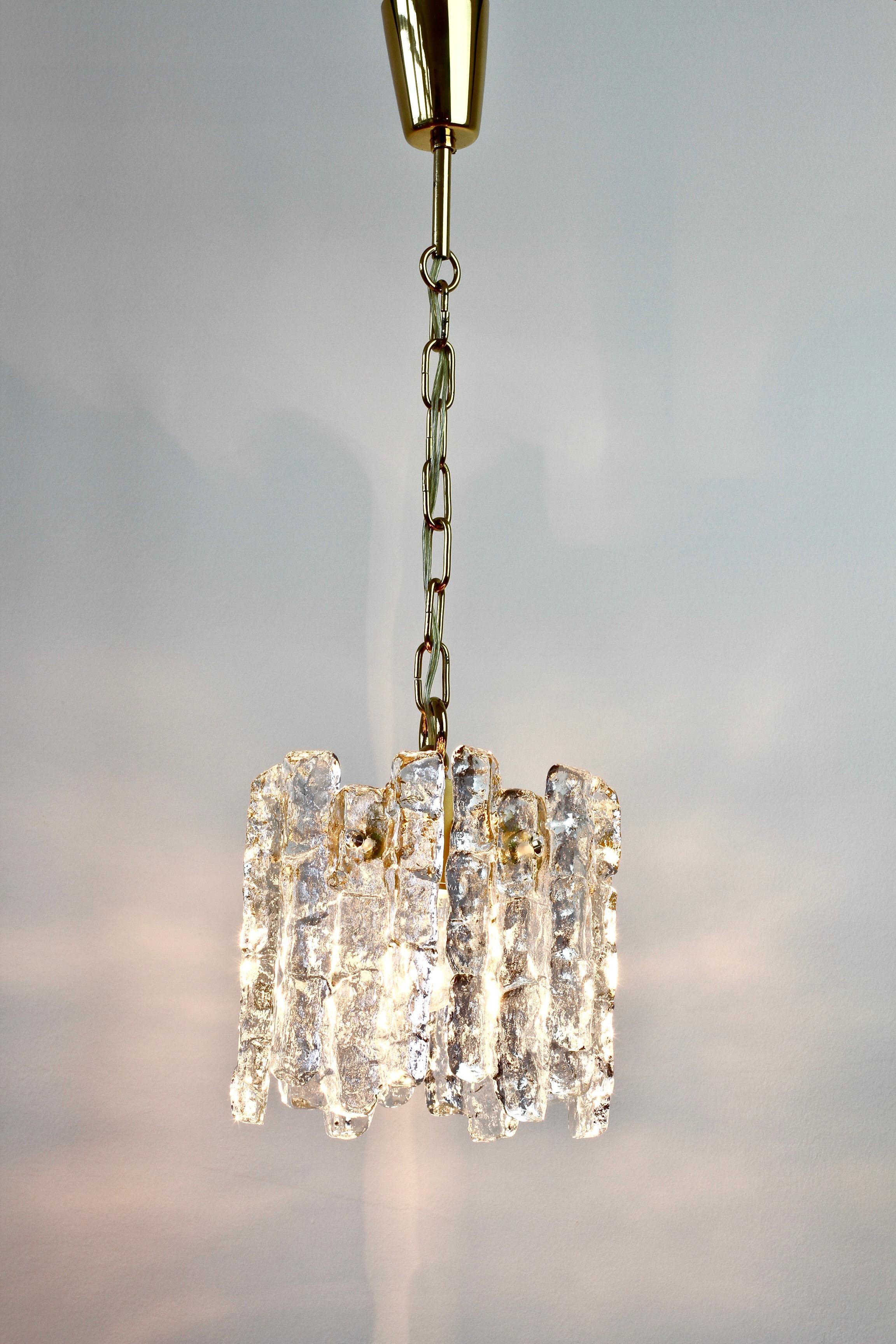 Mid-Century Modern Mid-Century Kalmar Ice Crystal Glass and Brass Pendant Light or Chandelier 1960s For Sale