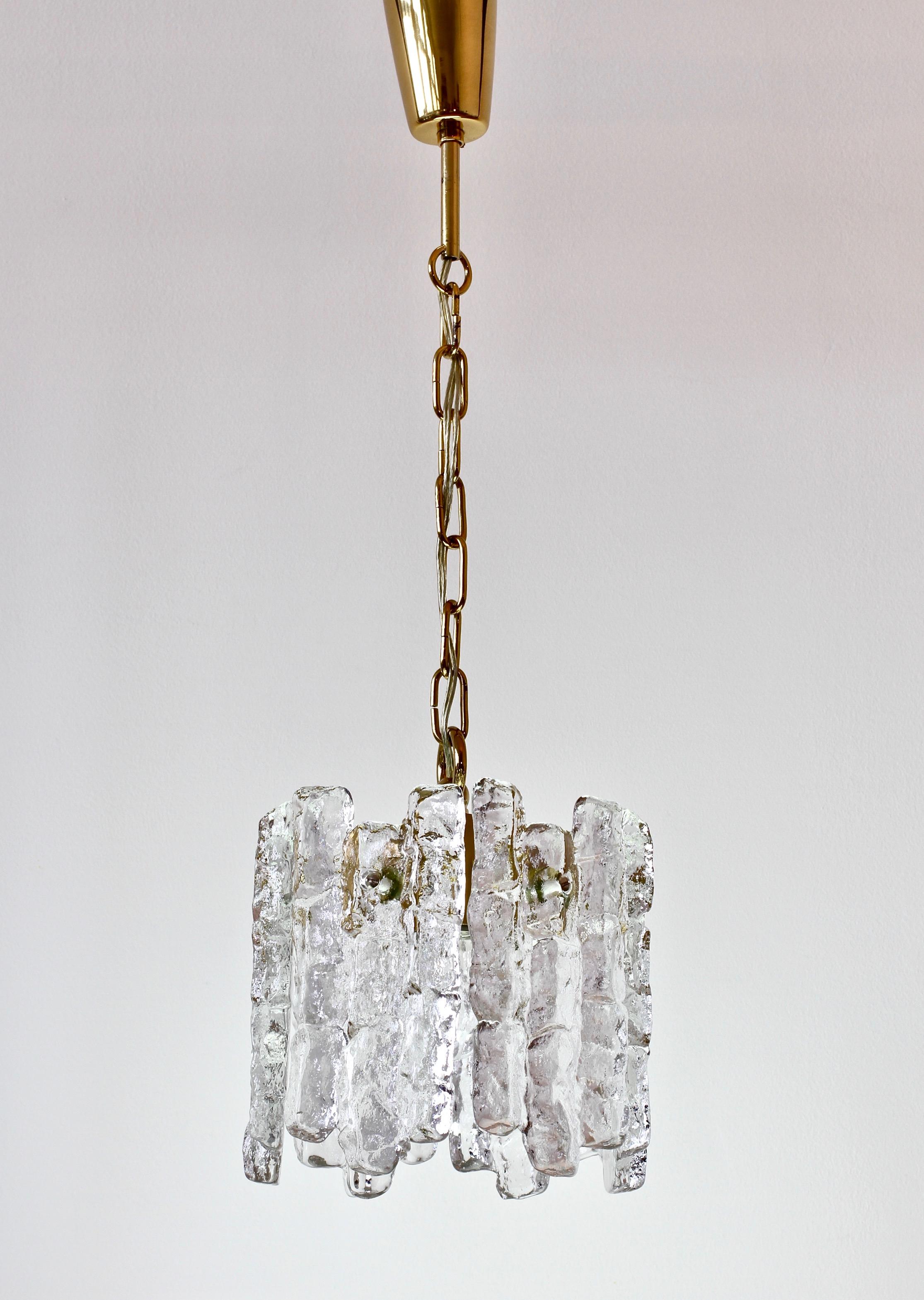 Austrian Mid-Century Kalmar Ice Crystal Glass and Brass Pendant Light or Chandelier 1960s For Sale