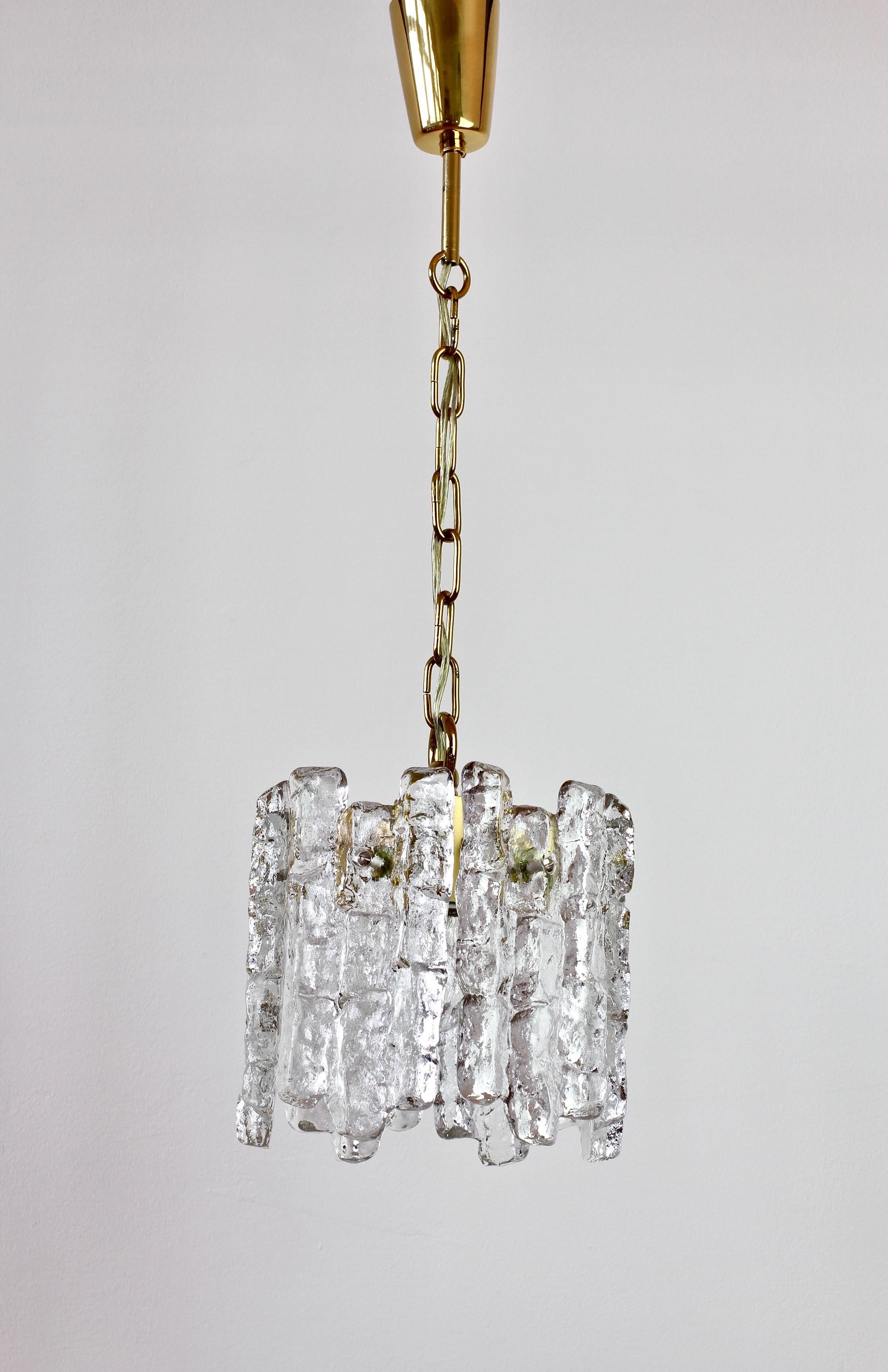 Molded Mid-Century Kalmar Ice Crystal Glass and Brass Pendant Light or Chandelier 1960s For Sale
