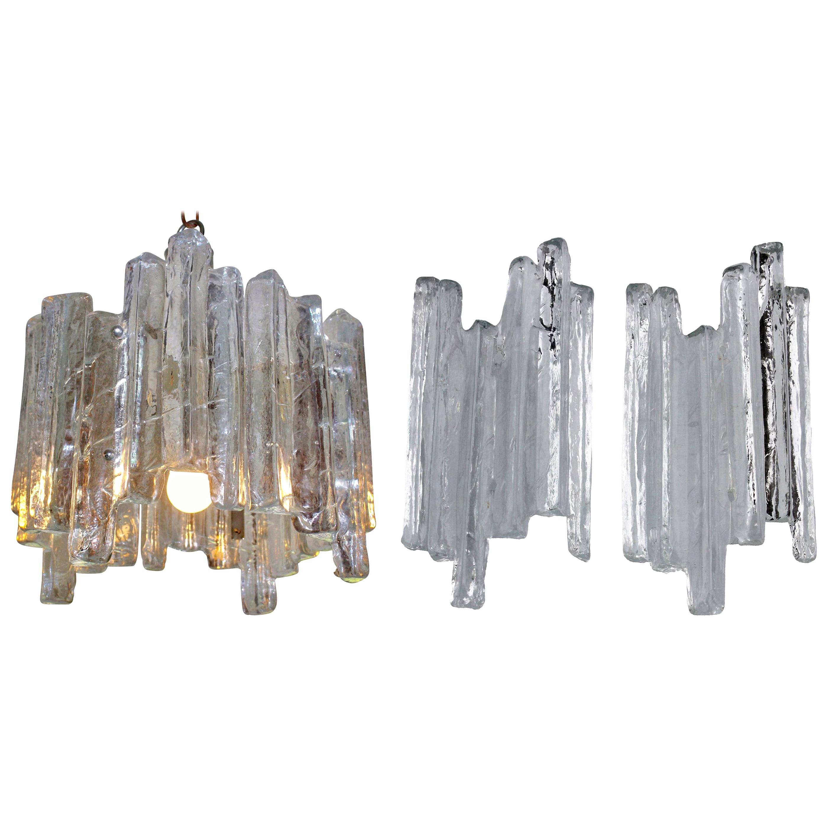 Midcentury Kalmar Ice Glass Chandelier and 2 Wall Mount Lamps, 1960s For Sale