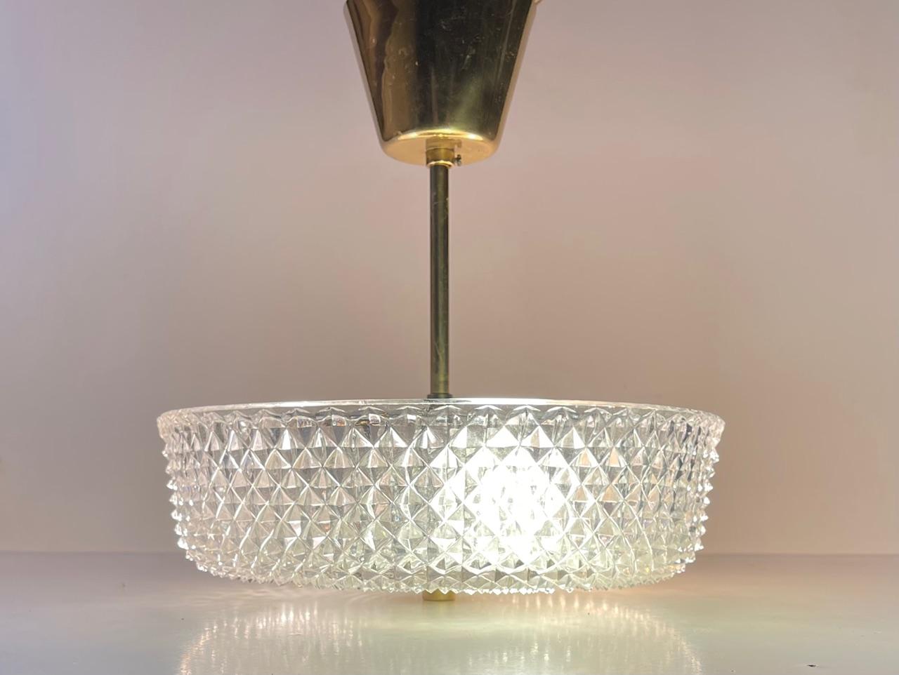 20th Century Midcentury Kamenicky Senov Pendant Chandelier in Crystal Glass & Brass, 1960s For Sale