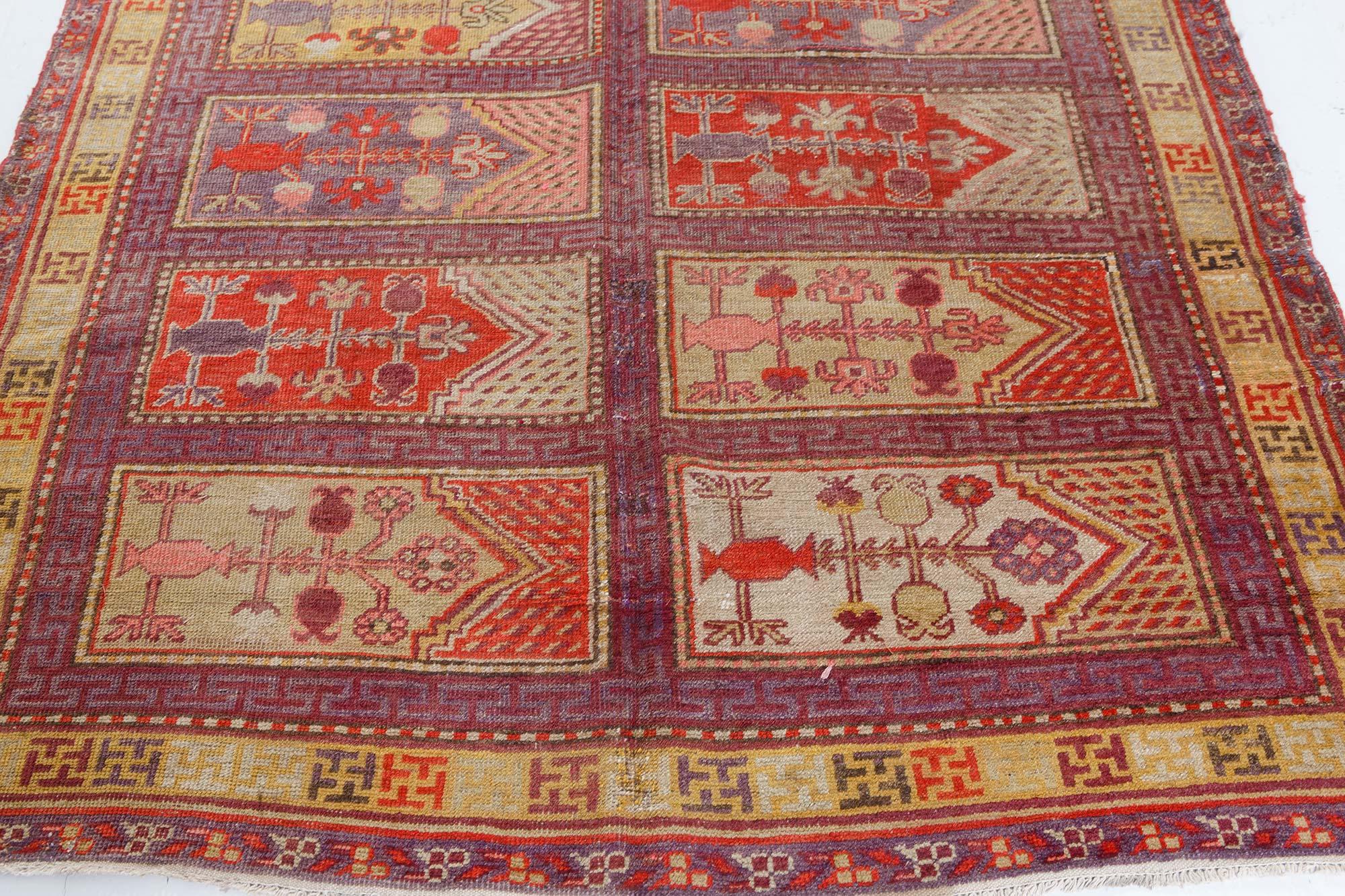 Hand-Knotted Midcentury Khotan Samarkand Handmade Wool Rug For Sale