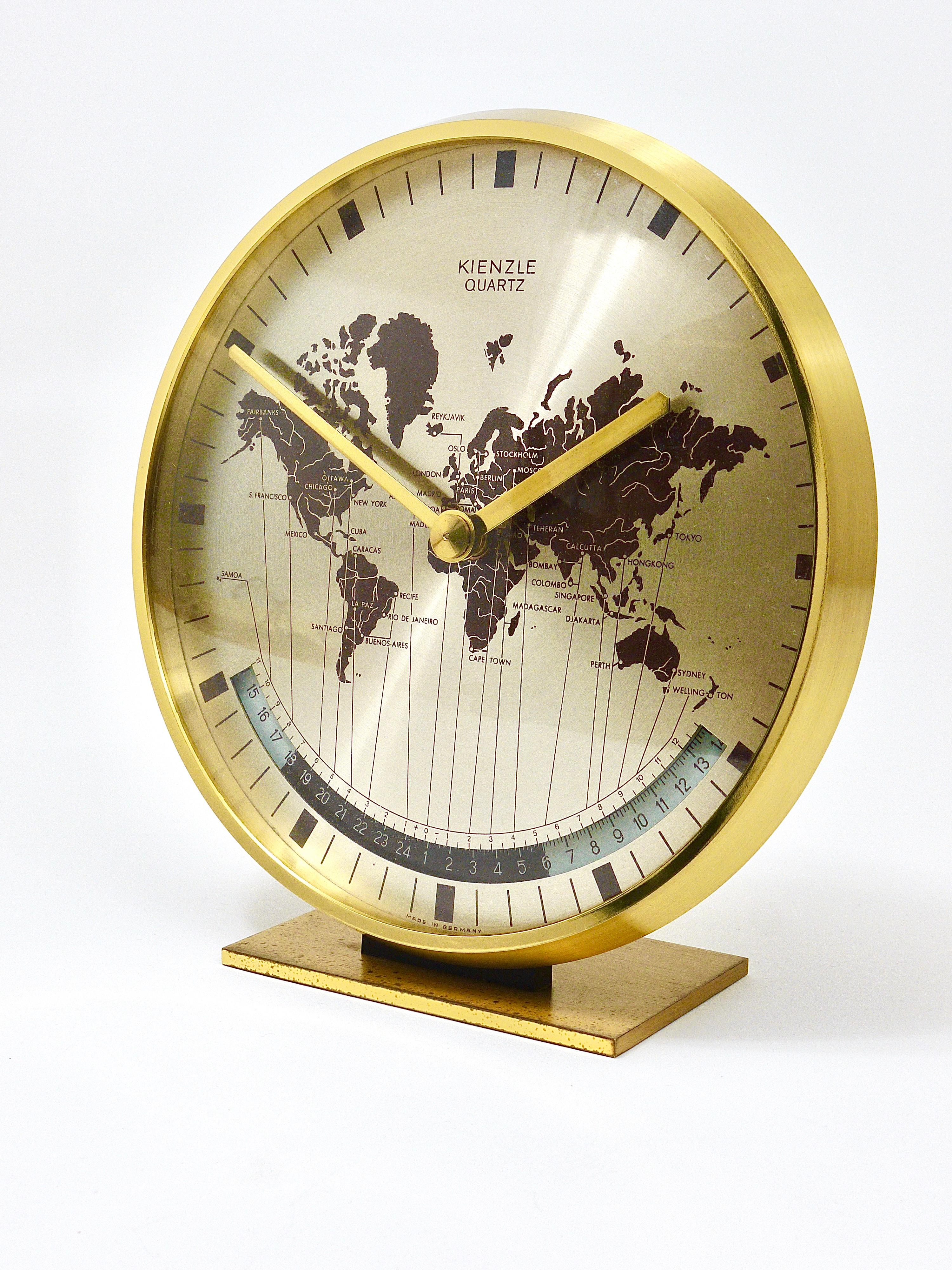 Mid-Century Modern Midcentury Kienzle GMT World Time Zone Brass Table Clock, Germany, 1960s