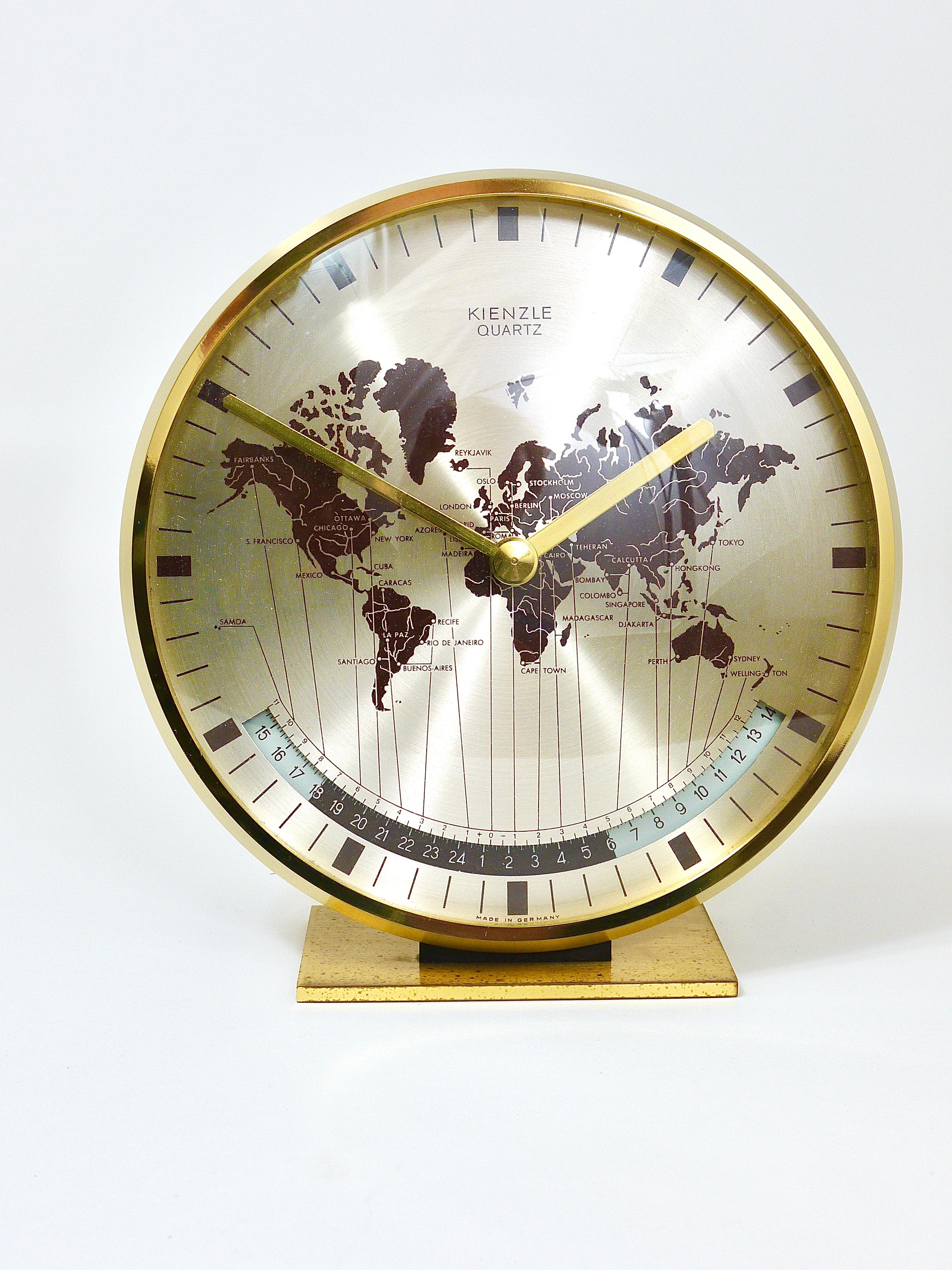 Midcentury Kienzle GMT World Time Zone Brass Table Clock, Germany, 1960s In Good Condition In Vienna, AT