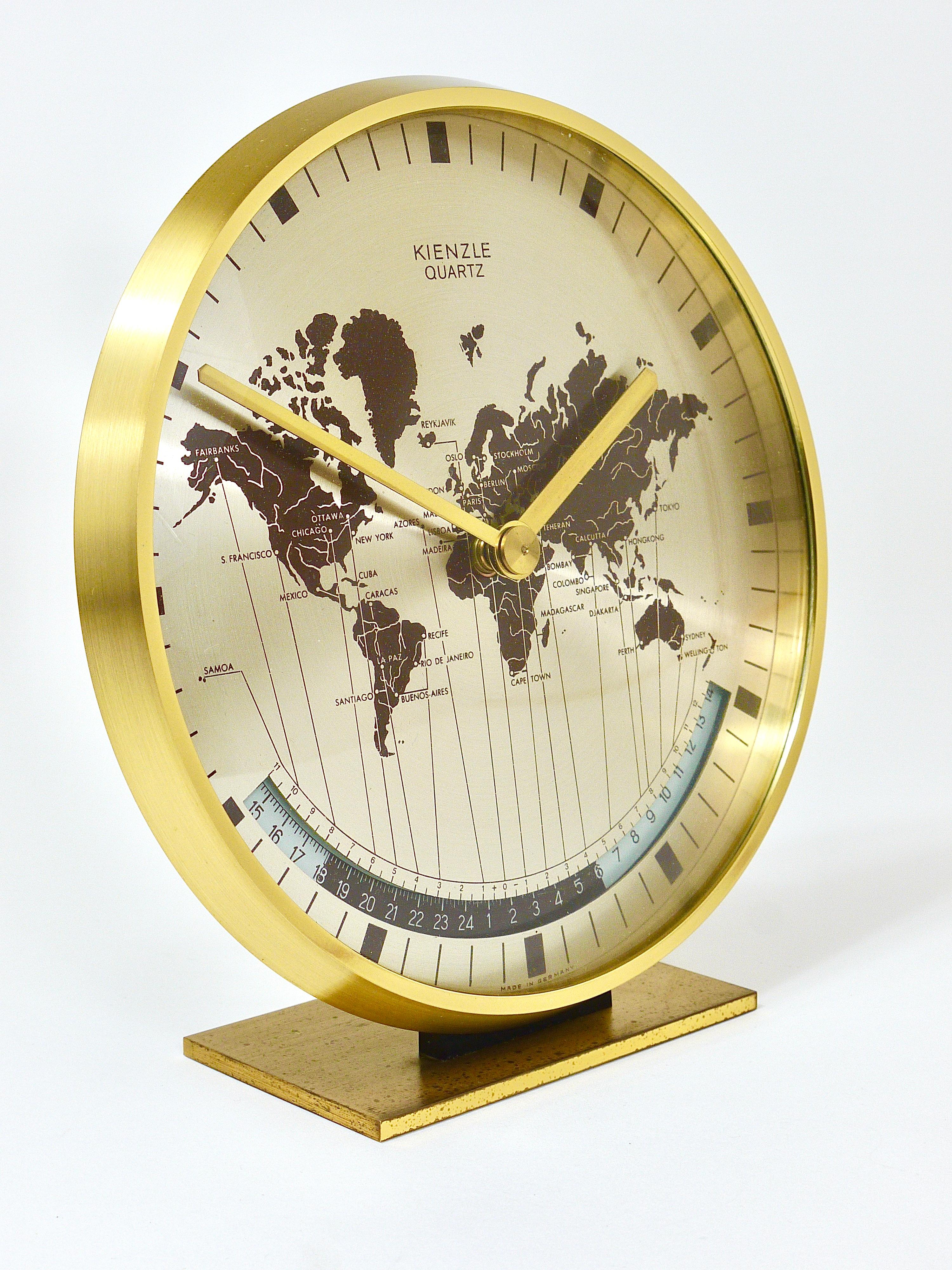 20th Century Midcentury Kienzle GMT World Time Zone Brass Table Clock, Germany, 1960s
