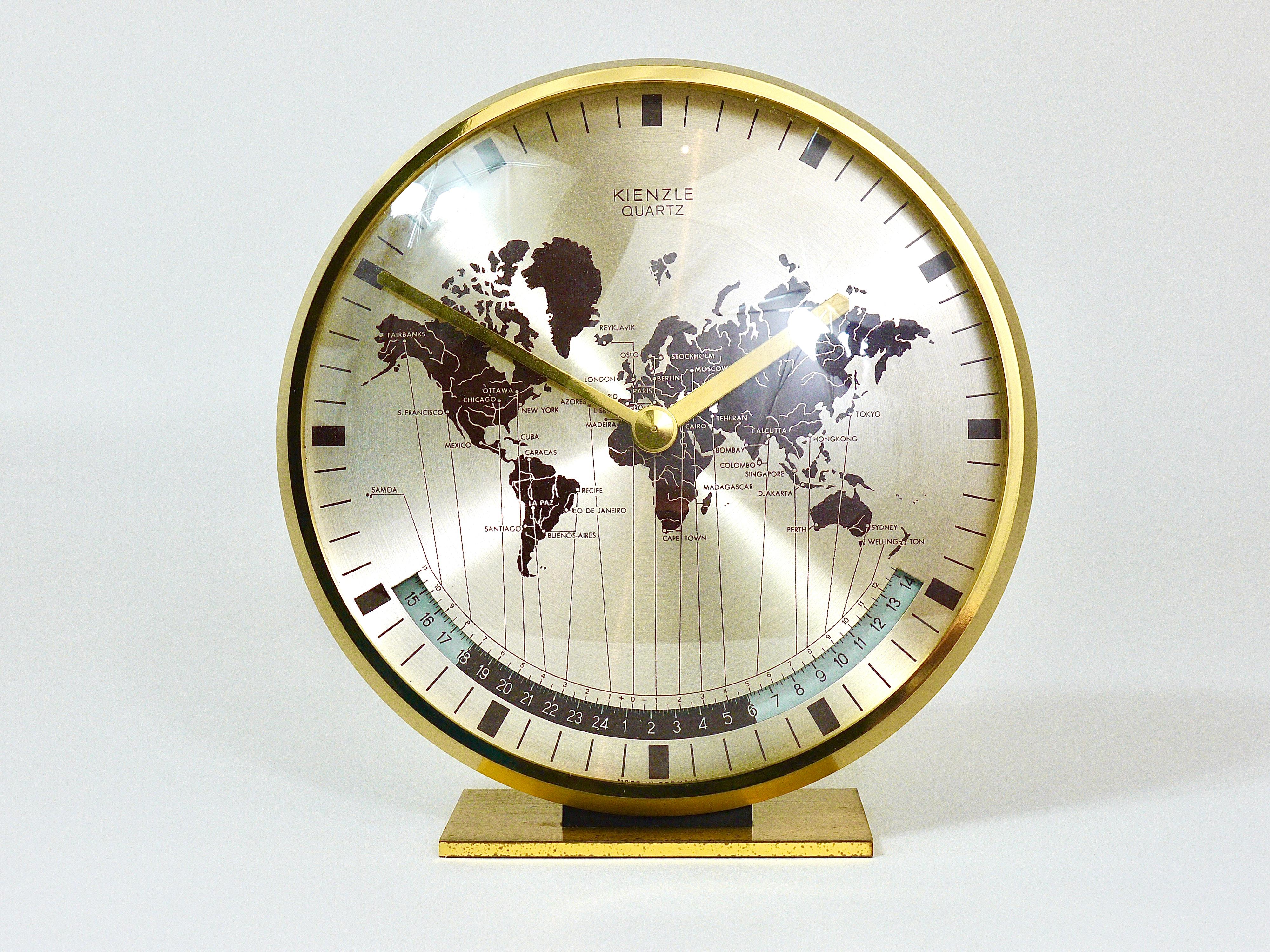 Midcentury Kienzle GMT World Time Zone Brass Table Clock, Germany, 1960s 1