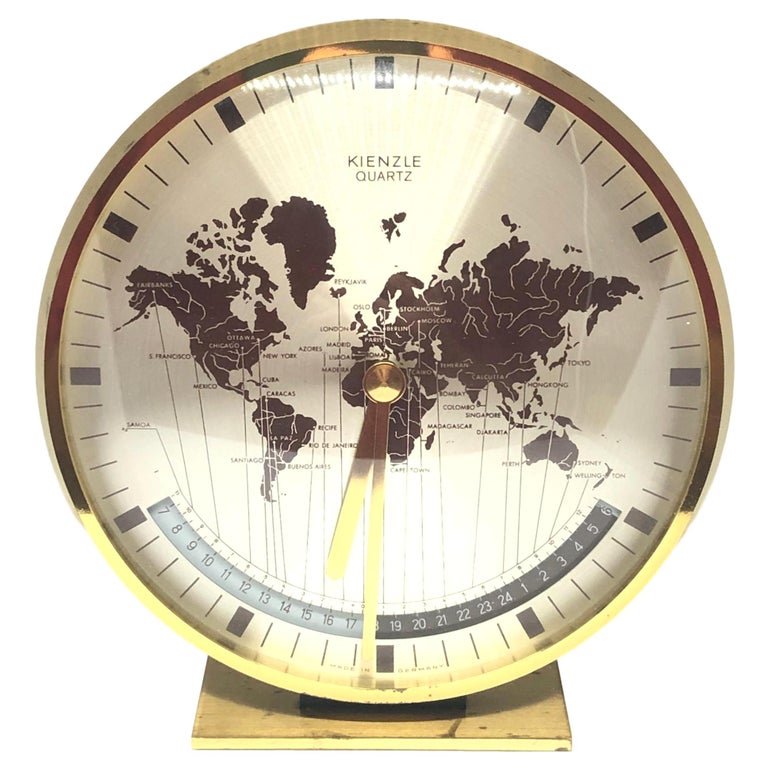 Midcentury Kienzle GMT World Time Zone Brass Table Clock, Germany