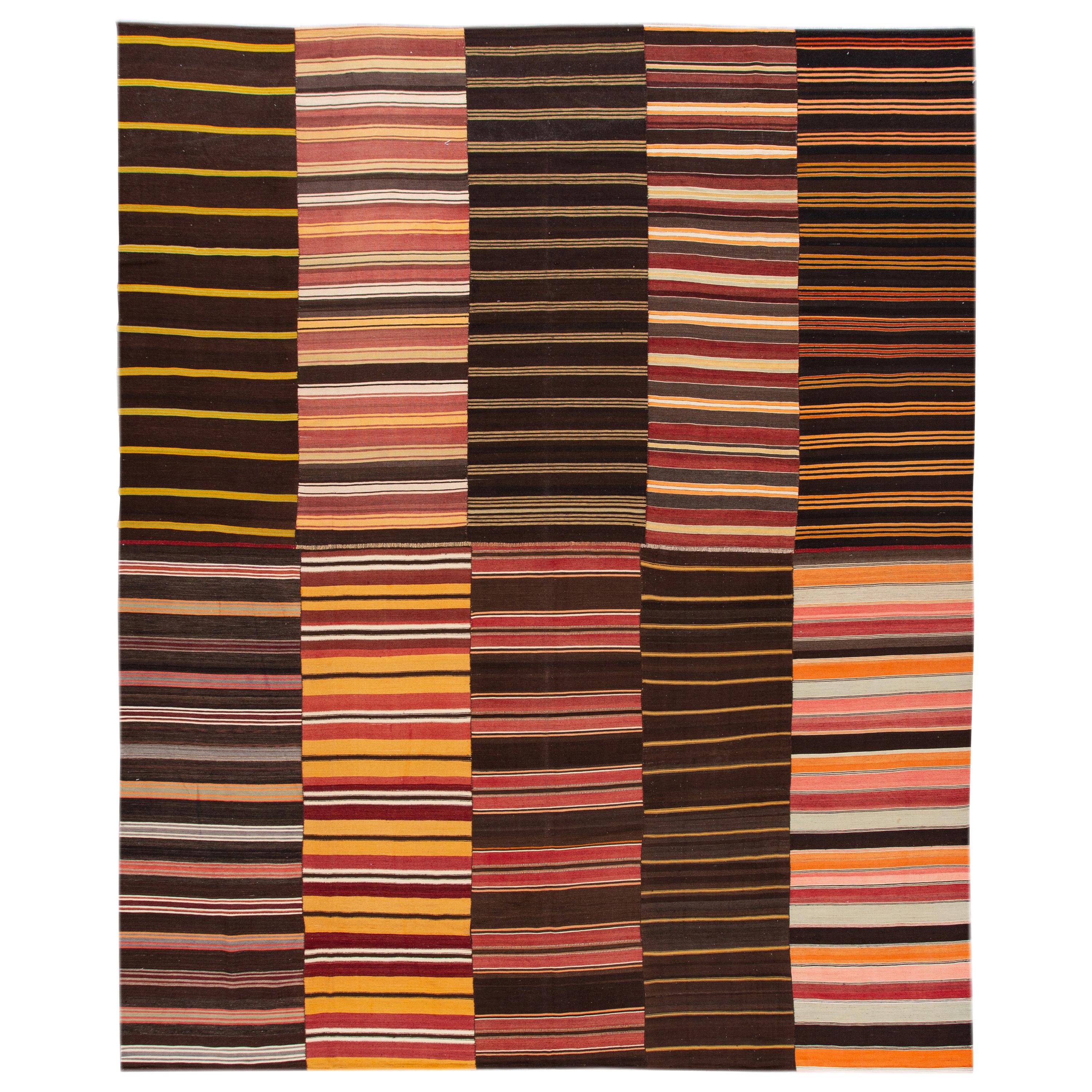 Midcentury Kilim Handmade Striped Wool Rug For Sale