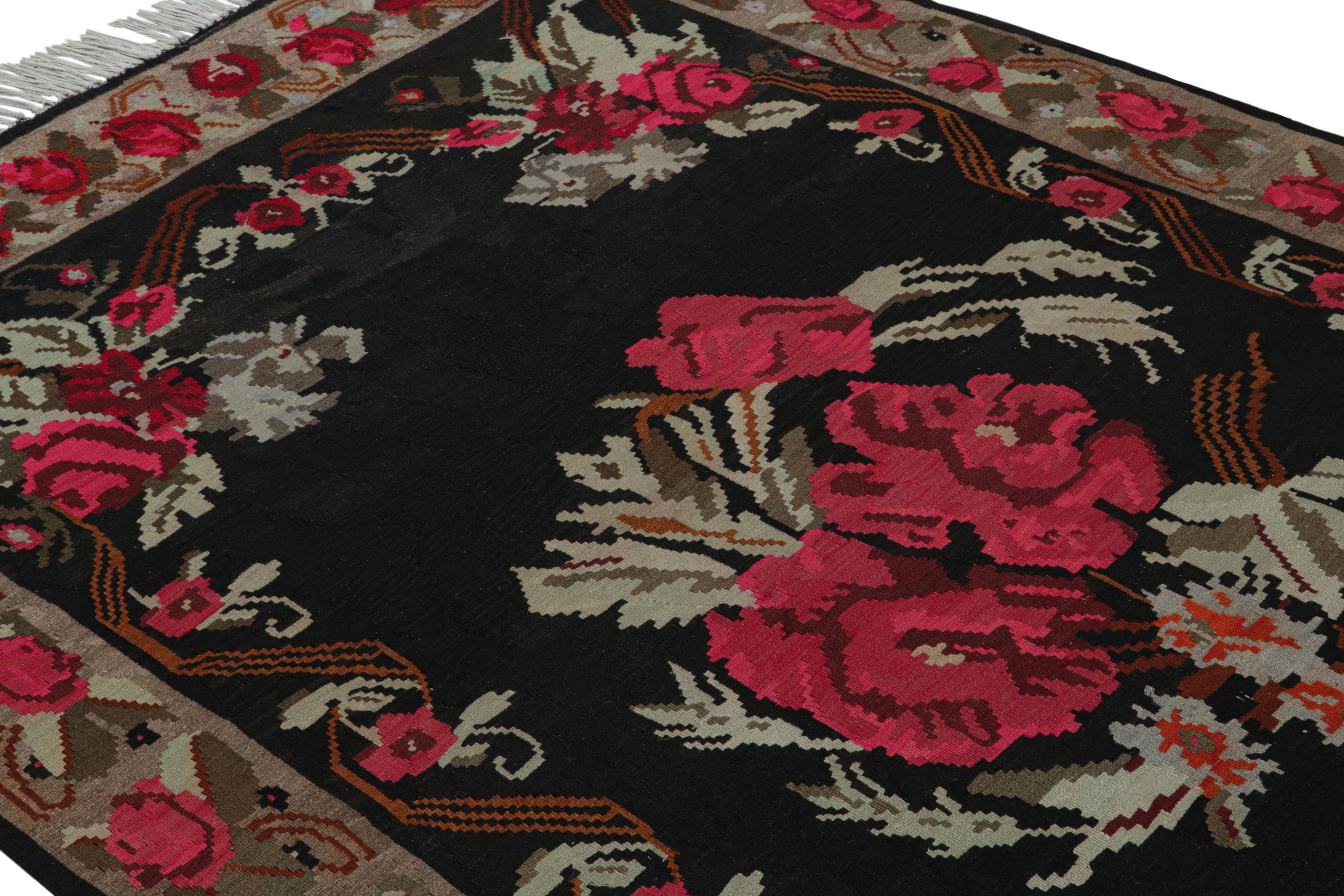 Turkish Midcentury Kilim Rug Vintage Black Red Floral Pattern Flat-Weave by Rug & Kilim For Sale