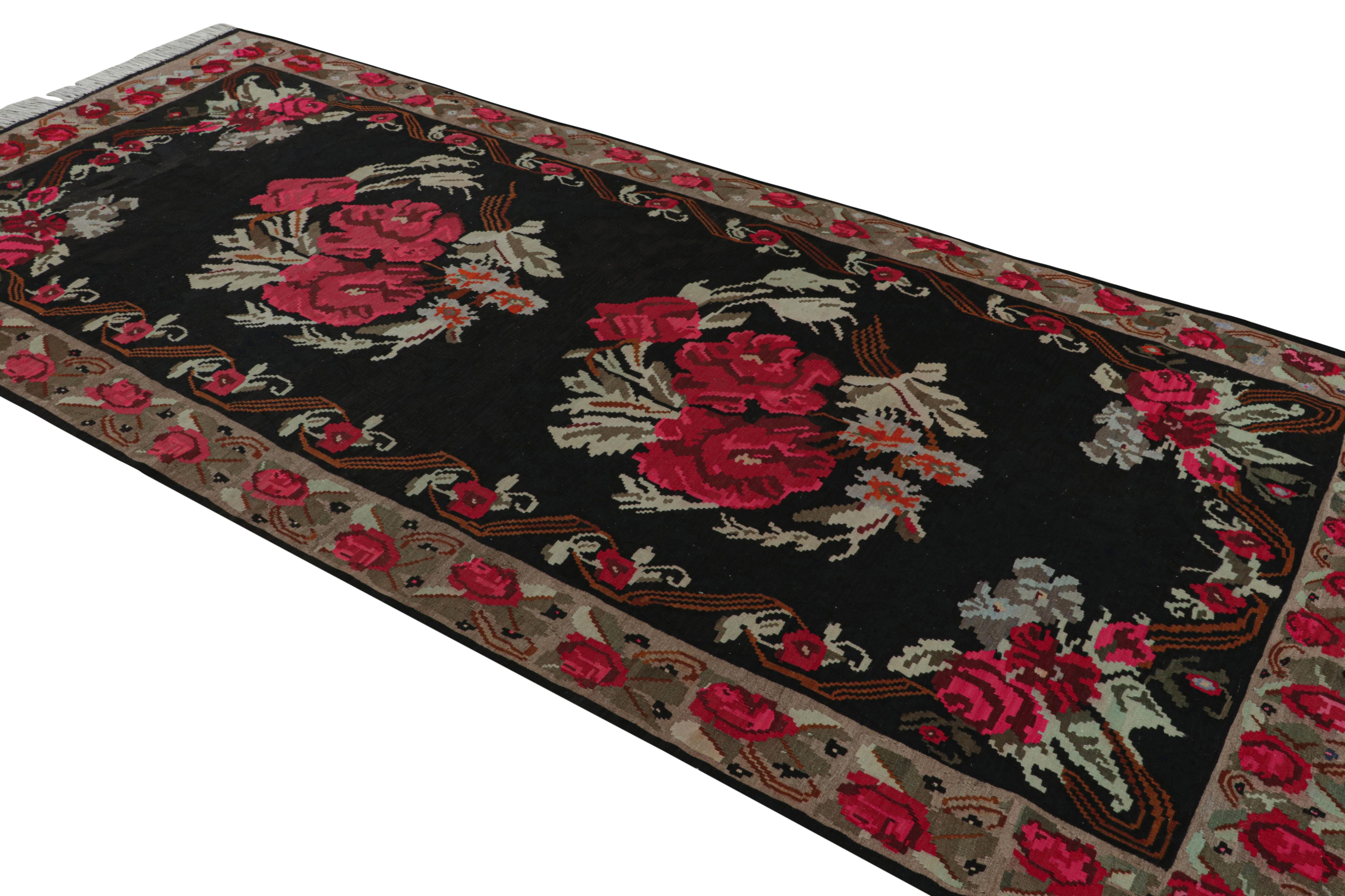 Midcentury Kilim Rug Vintage Black Red Floral Pattern Flat-Weave by Rug & Kilim In Good Condition For Sale In Long Island City, NY
