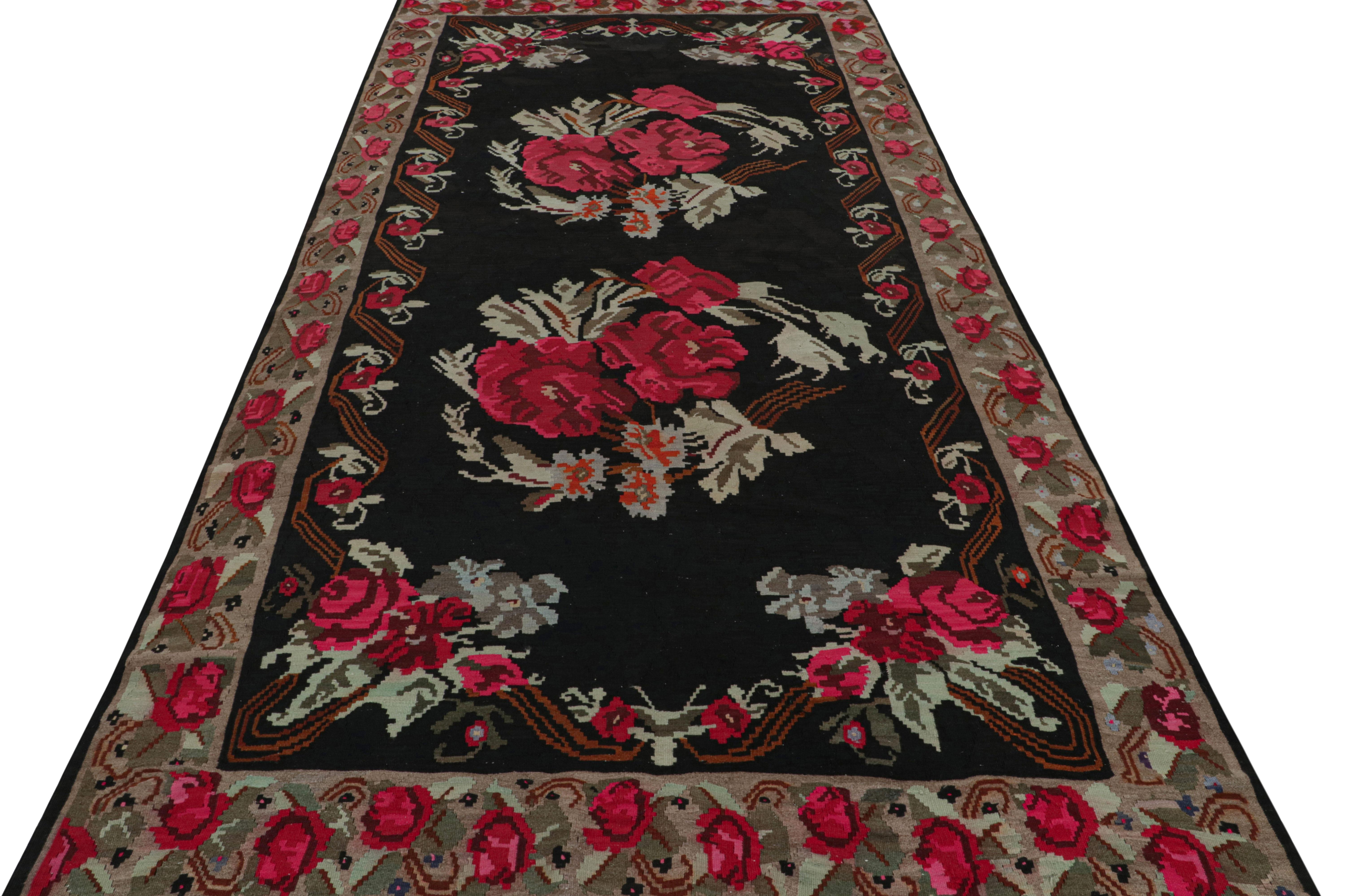 Mid-20th Century Midcentury Kilim Rug Vintage Black Red Floral Pattern Flat-Weave by Rug & Kilim For Sale