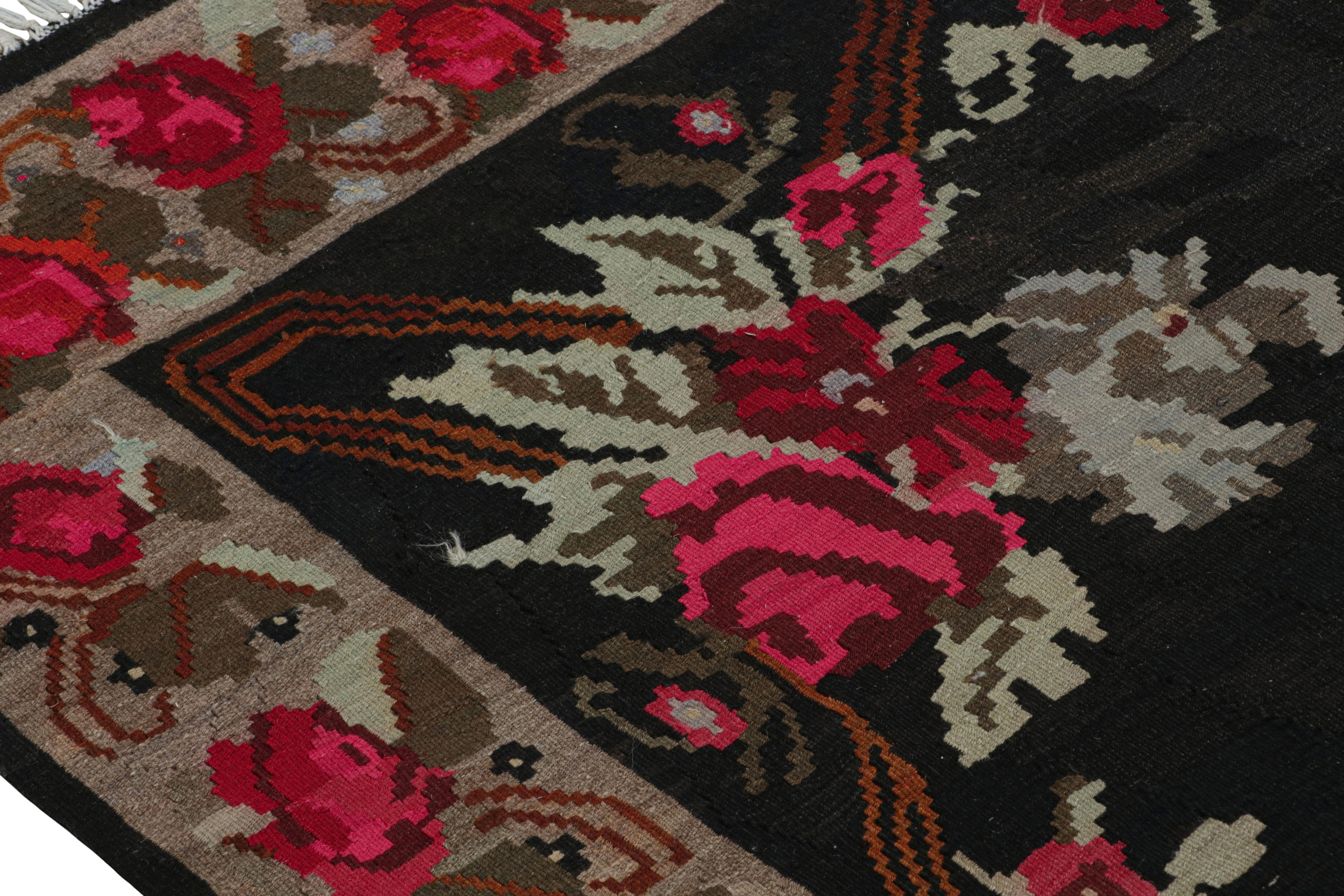 Mid-20th Century Midcentury Kilim Rug Vintage Black Red Floral Pattern Flat-Weave by Rug & Kilim For Sale