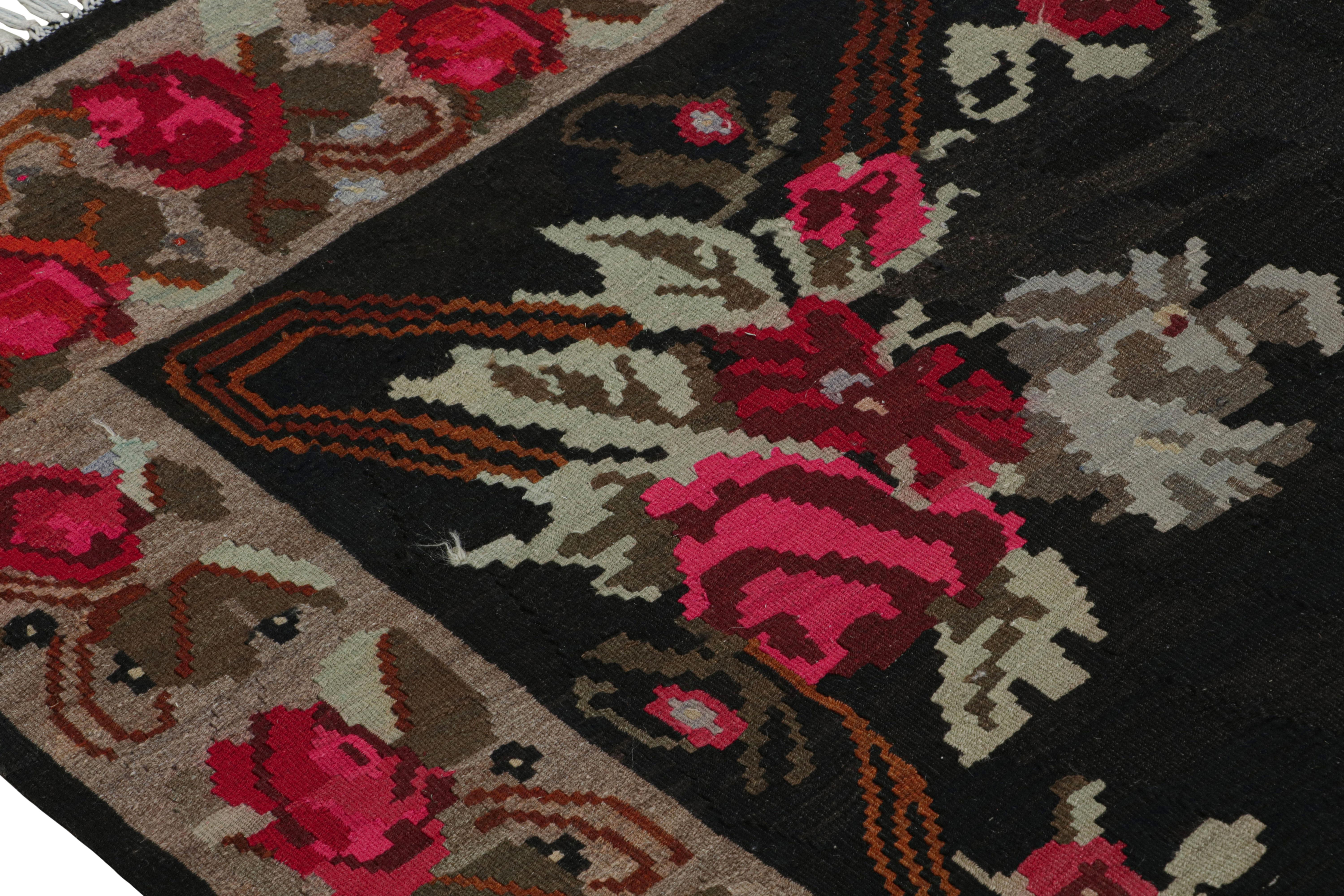 Wool Midcentury Kilim Rug Vintage Black Red Floral Pattern Flat-Weave by Rug & Kilim For Sale