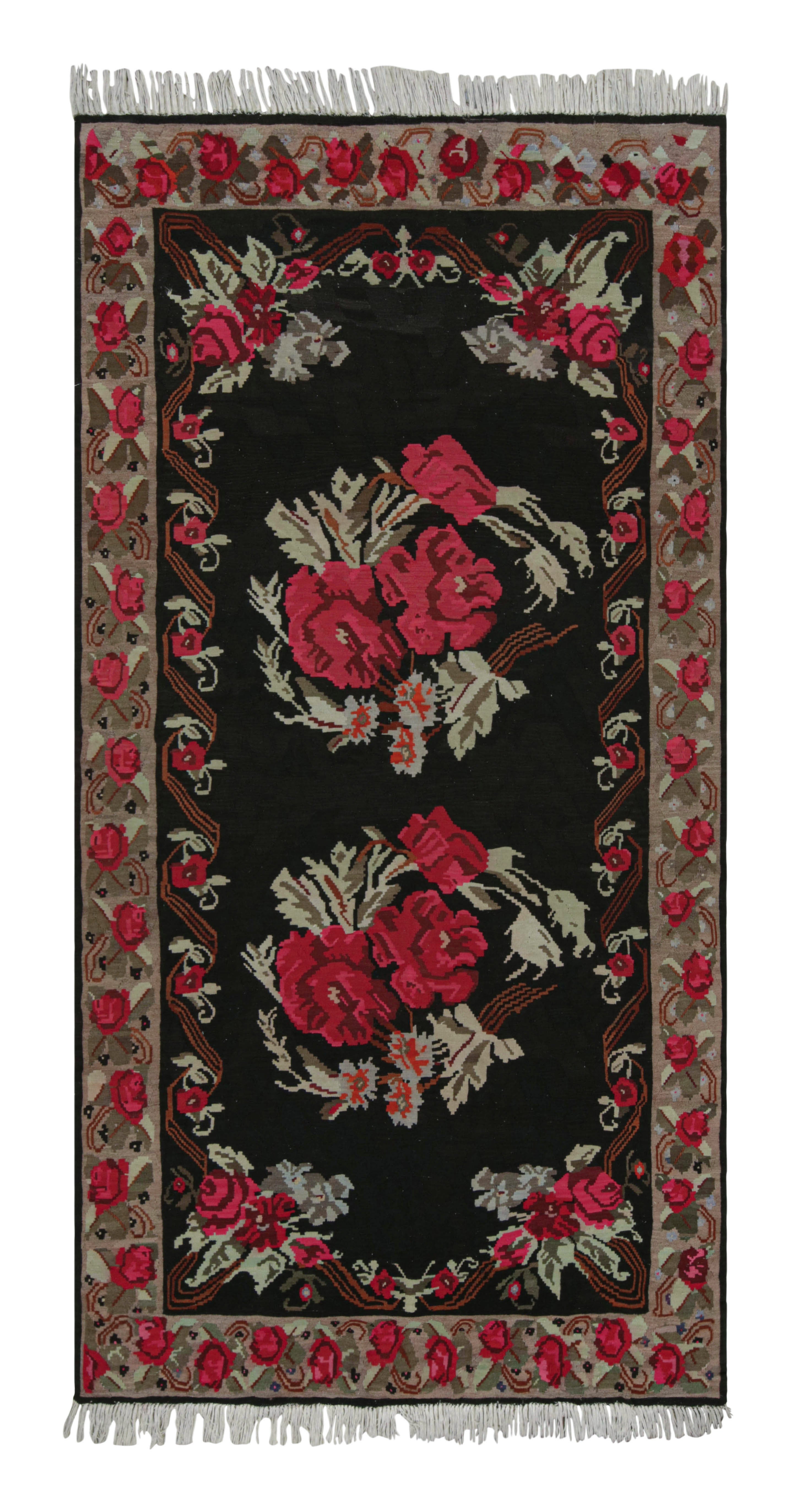 Midcentury Kilim Rug Vintage Black Red Floral Pattern Flat-Weave by Rug & Kilim For Sale