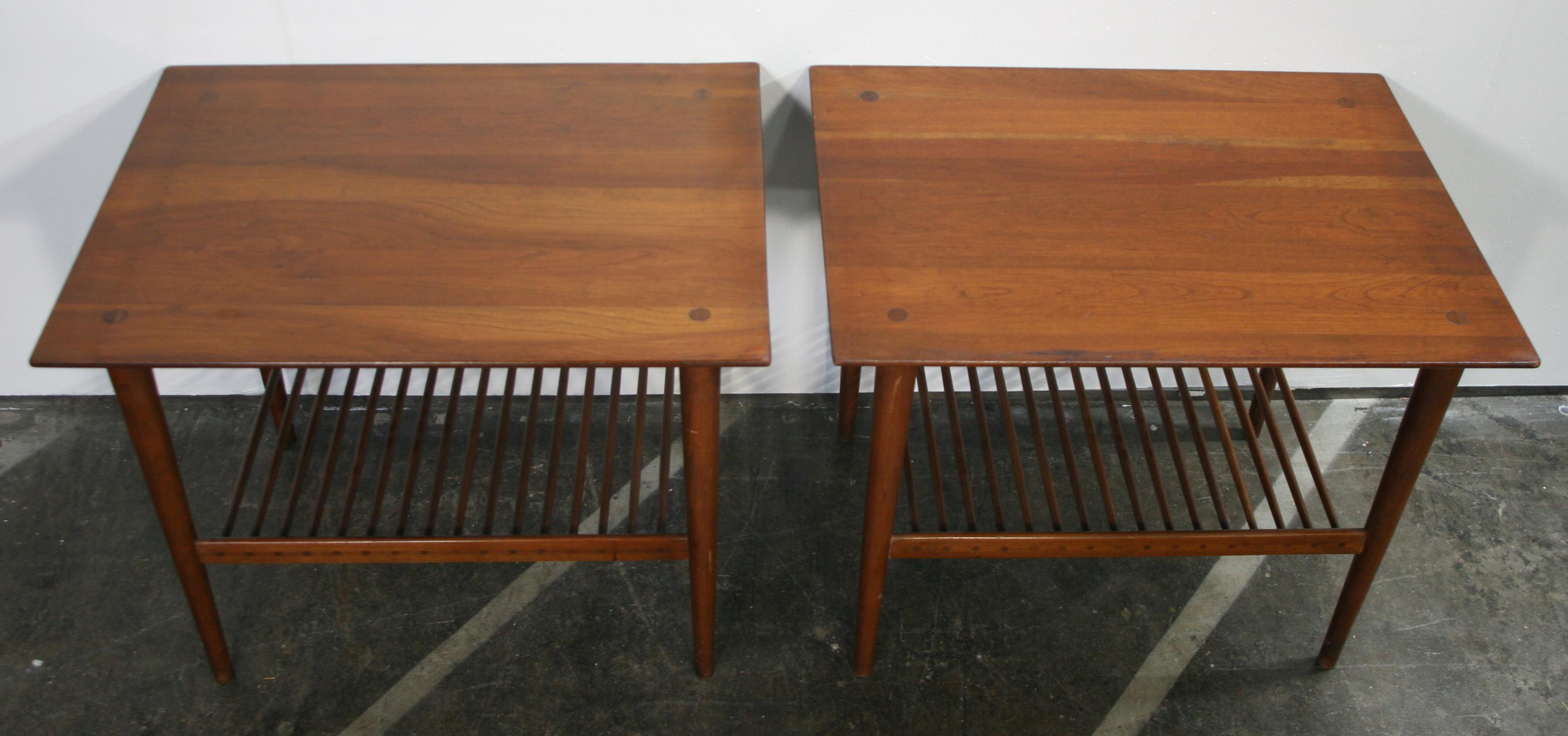 Mid-Century Modern Midcentury Kipp Stewart Walnut Nightstands Side End Tables Dowel Lower Shelf