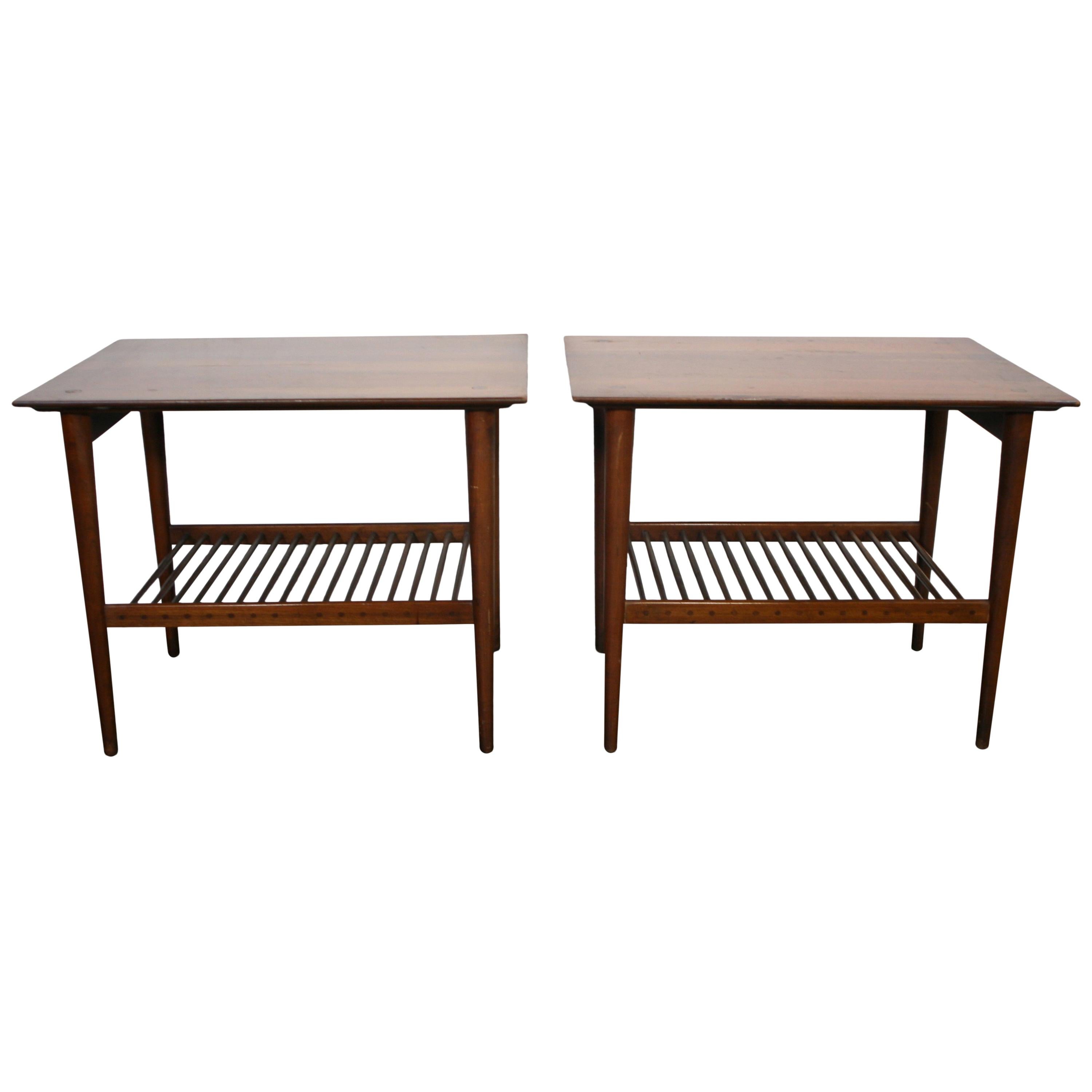 Midcentury Kipp Stewart Walnut Nightstands Side End Tables Dowel Lower Shelf