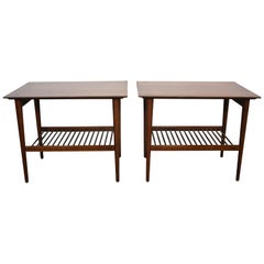 Midcentury Kipp Stewart Walnut Nightstands Side End Tables Dowel Lower Shelf