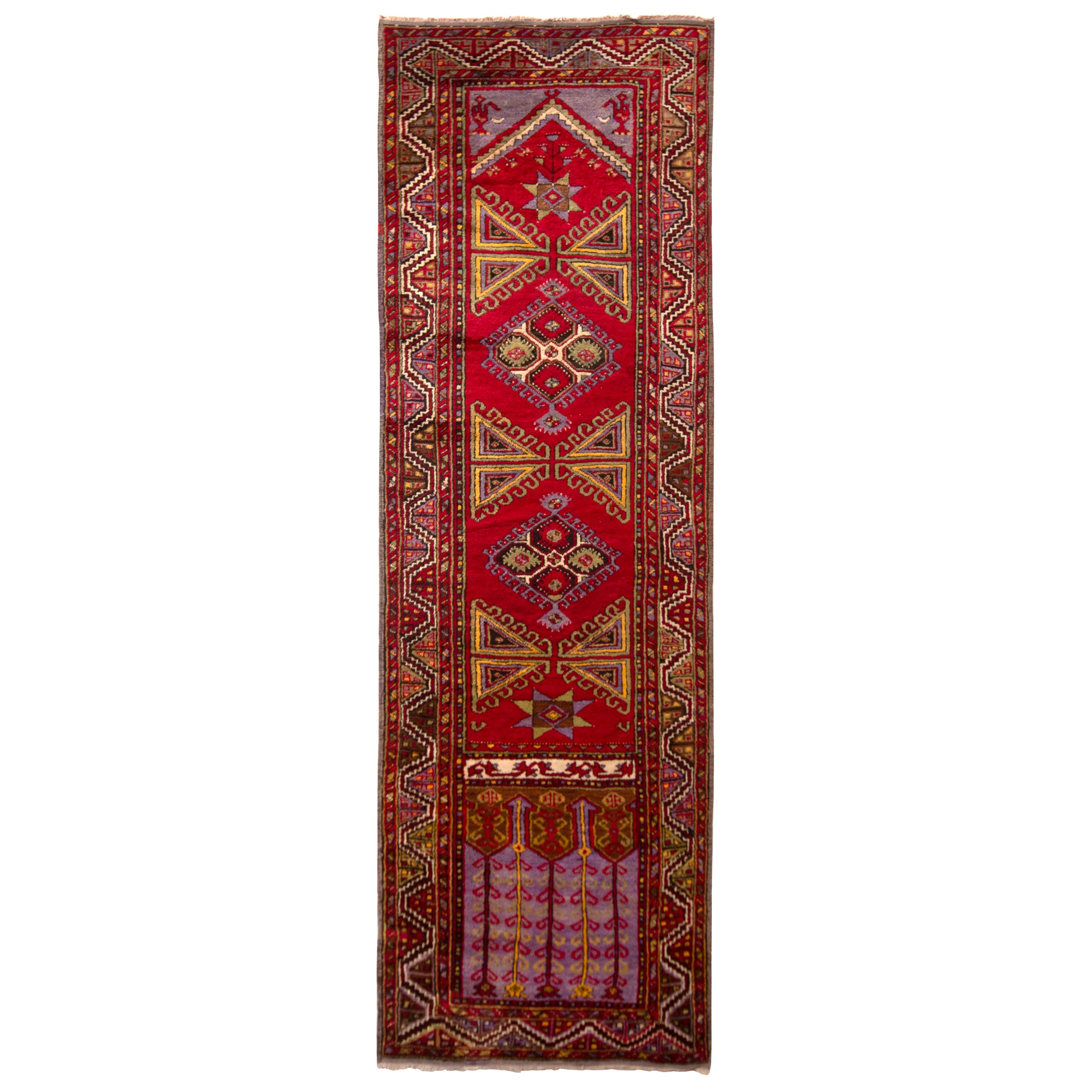 Midcentury Kirsehir Runner Red Purple Geometric Vintage Pile Rug by Rug & Kilim