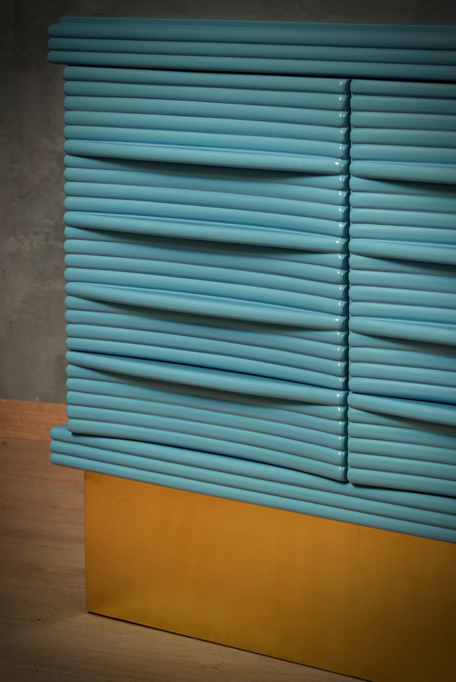 MidCentury KittiWake Color and Brass Dry Bar Credenze Buffet Sideboard, 1980 For Sale 1