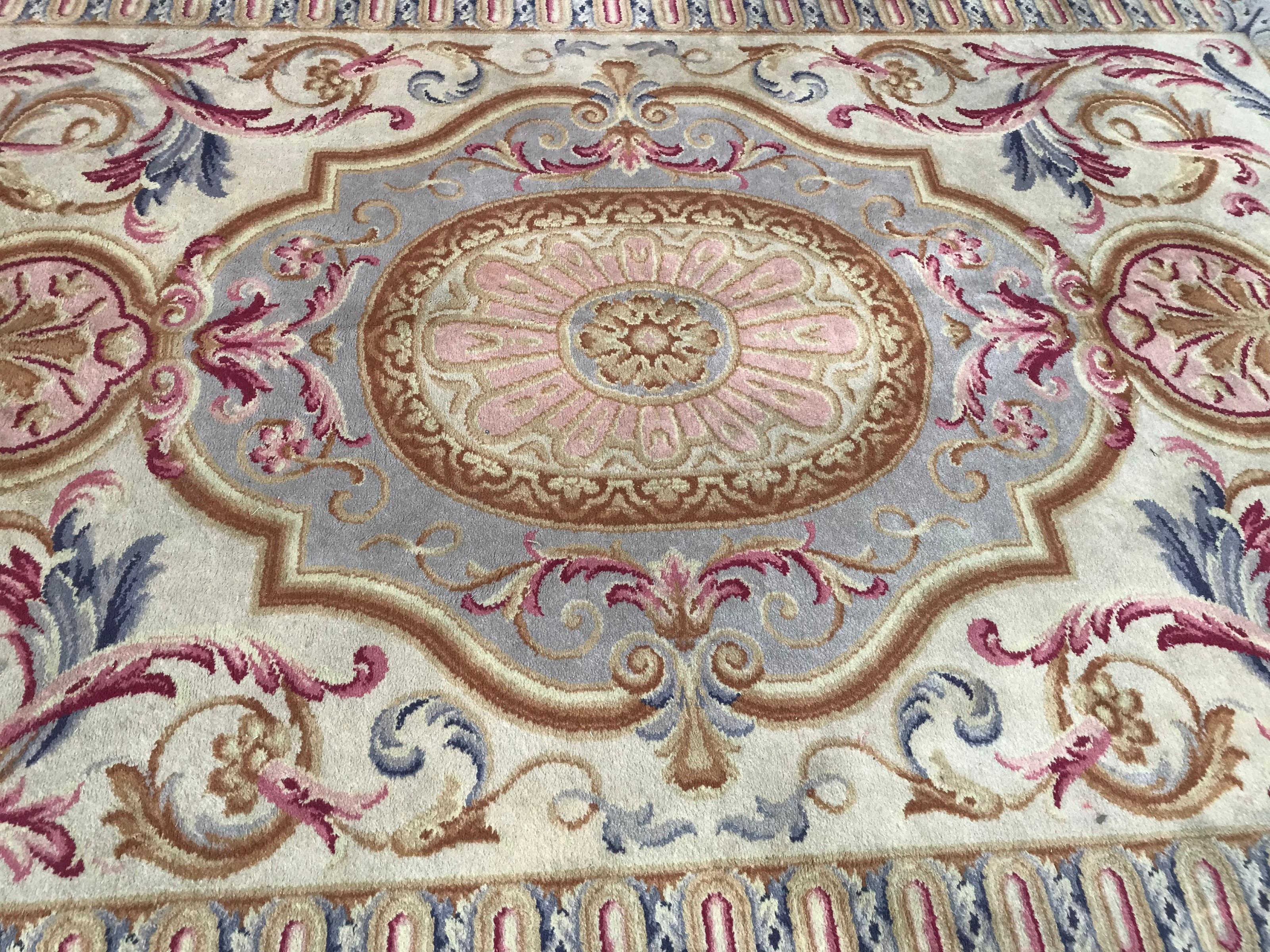 20th Century Bobyrug’s Midcentury Knotted Aubusson Savonnerie Design Rug For Sale