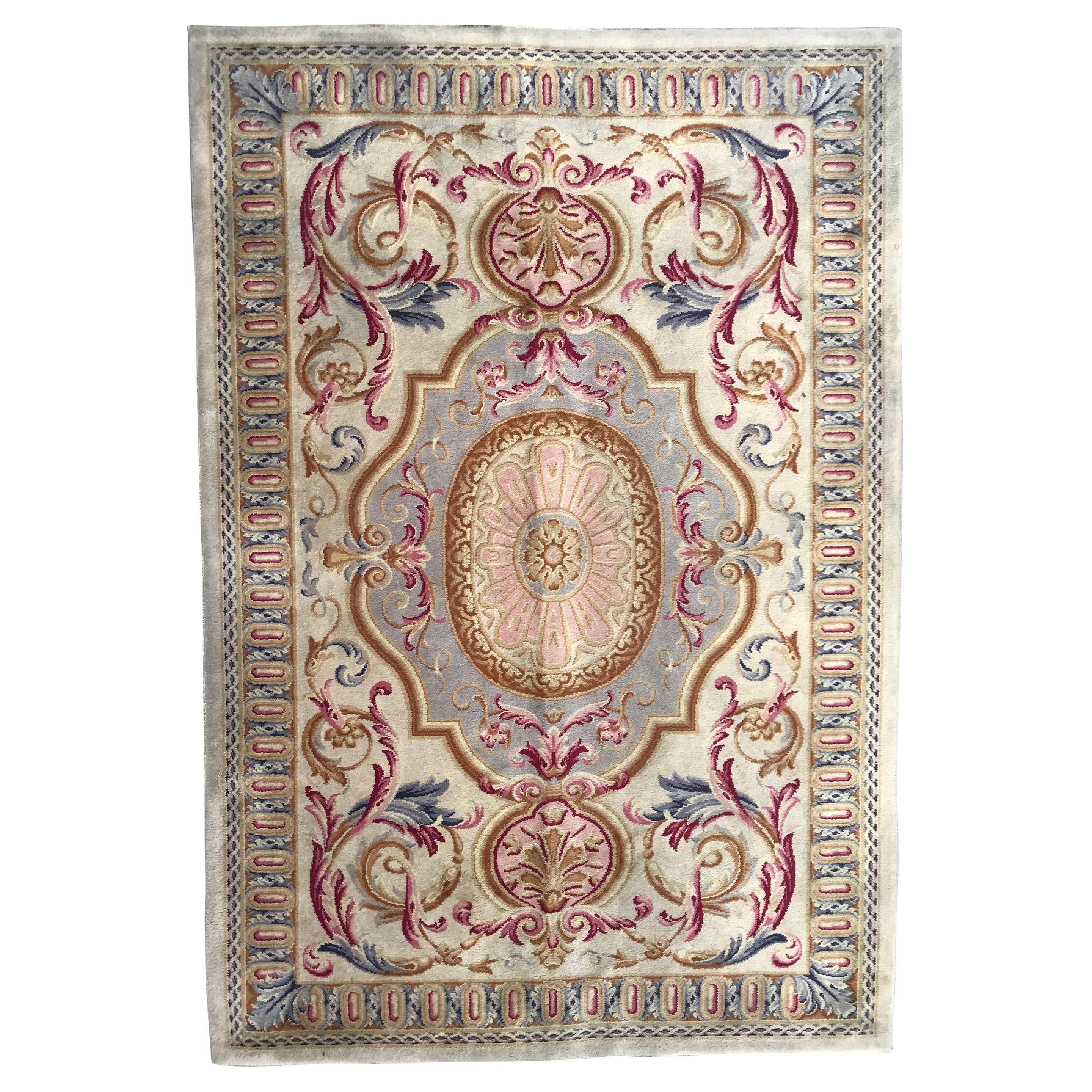 Bobyrug’s Midcentury Knotted Aubusson Savonnerie Design Rug For Sale