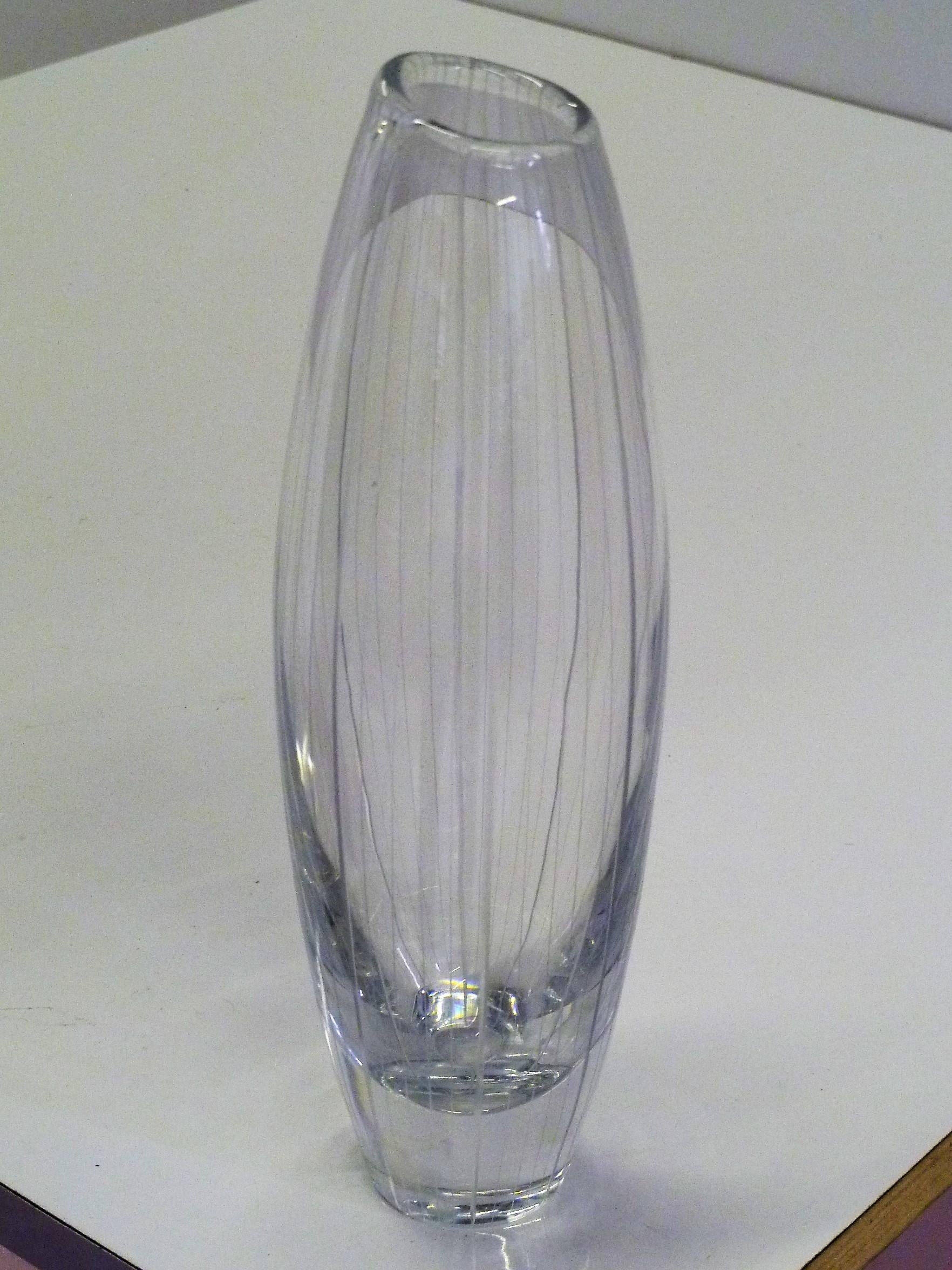 Scandinavian Modern Midcentury Kosta, Sweden Stripped Modern Glass Vase by Vicke Lindstrand, 1956 For Sale