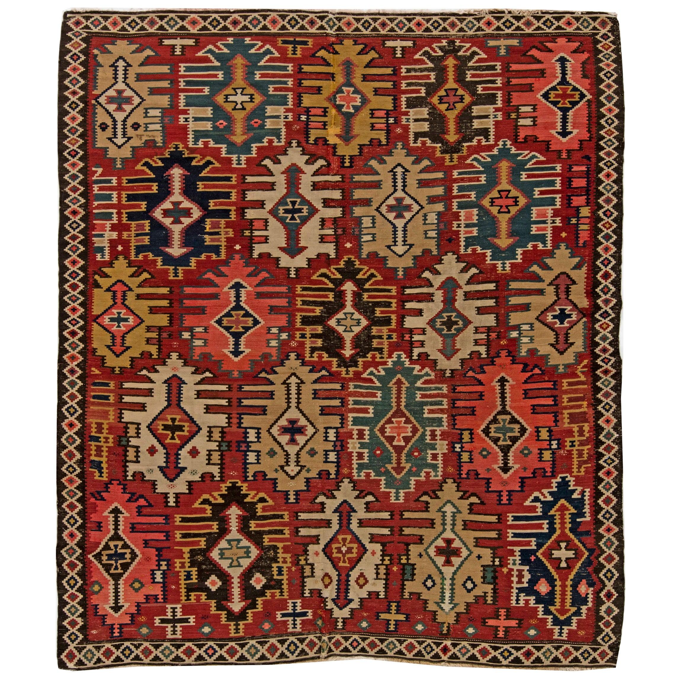 Midcentury Kuba Red, Black, Green and Beige Hand Knotted Wool Kilim Rug For Sale at 1stdibs