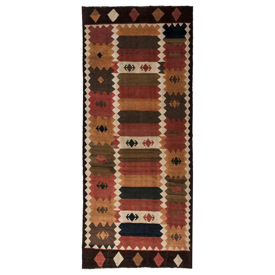 Modern Oversize Kilim Handmade Earthy Tones Striped Pattern Wool Rug ...
