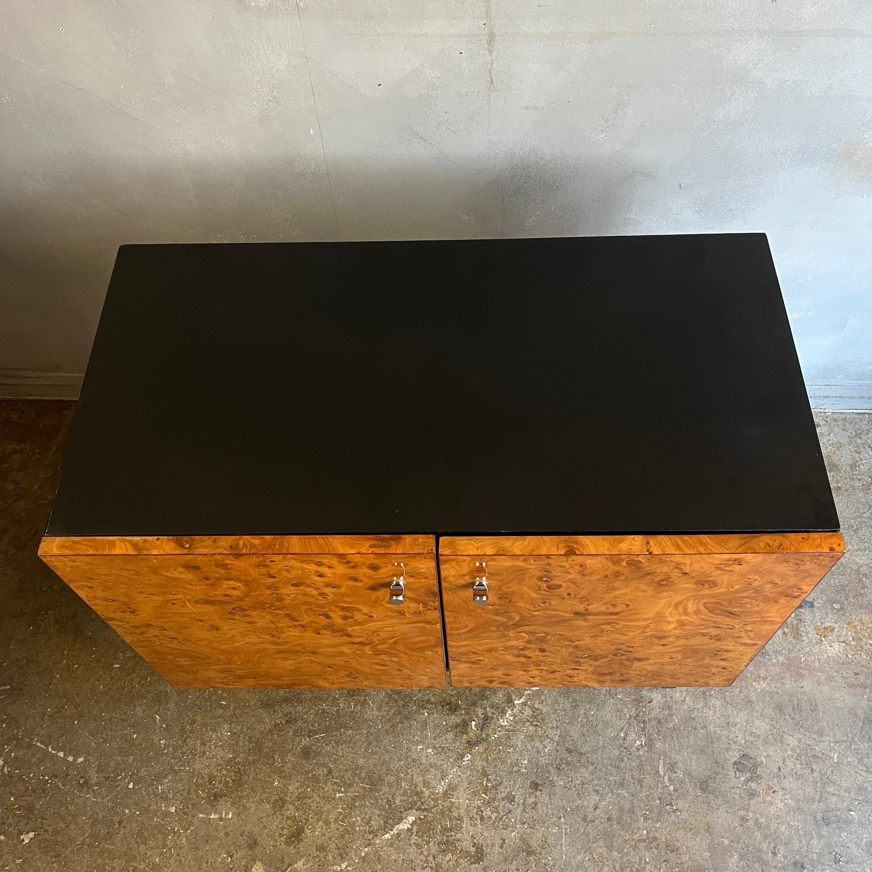 Chrome Midcentury lacquered Credenza or Cabinet in Burl Wood