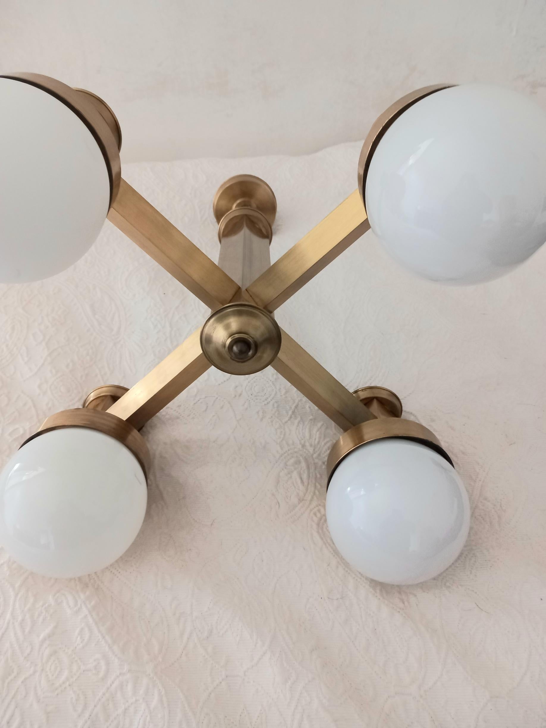 Mid-20th Century Lamp  Chandelier Sciolari Style Brass Opaline Glass, Italy, 1960s For Sale