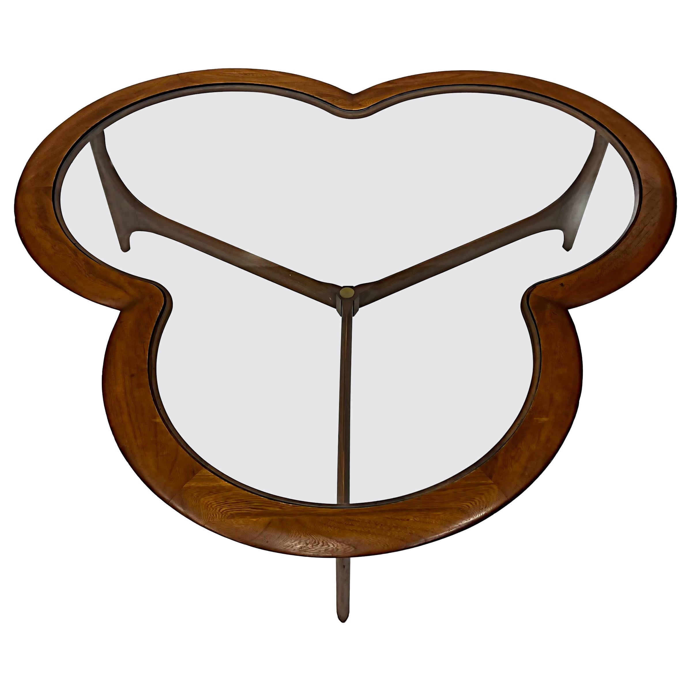 Midcentury Lane Walnut Trefoil Clover Leaf Coffee Table with Glass