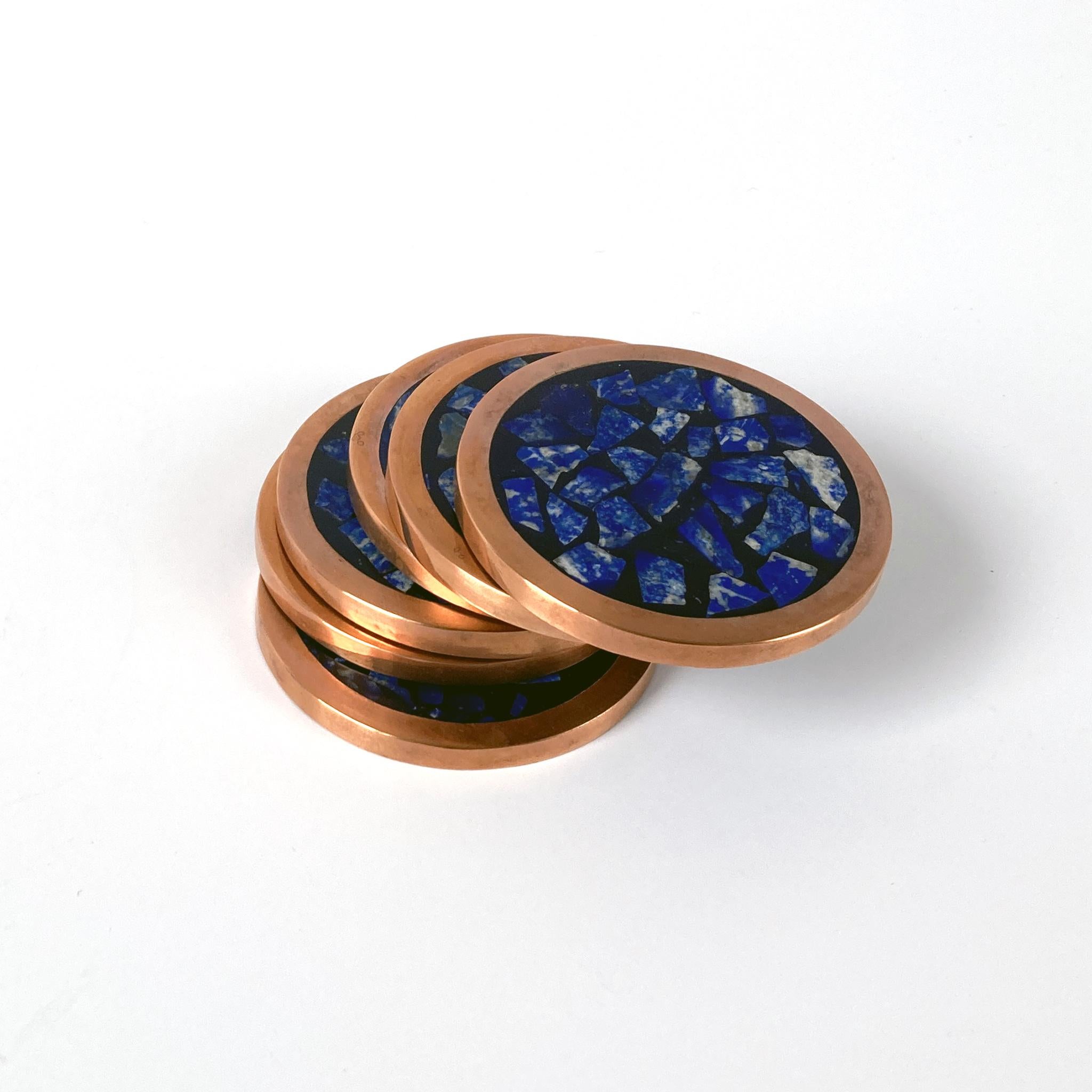 Hand-Crafted Midcentury Lapis Lazuli and Copper Coasters, Set of Six