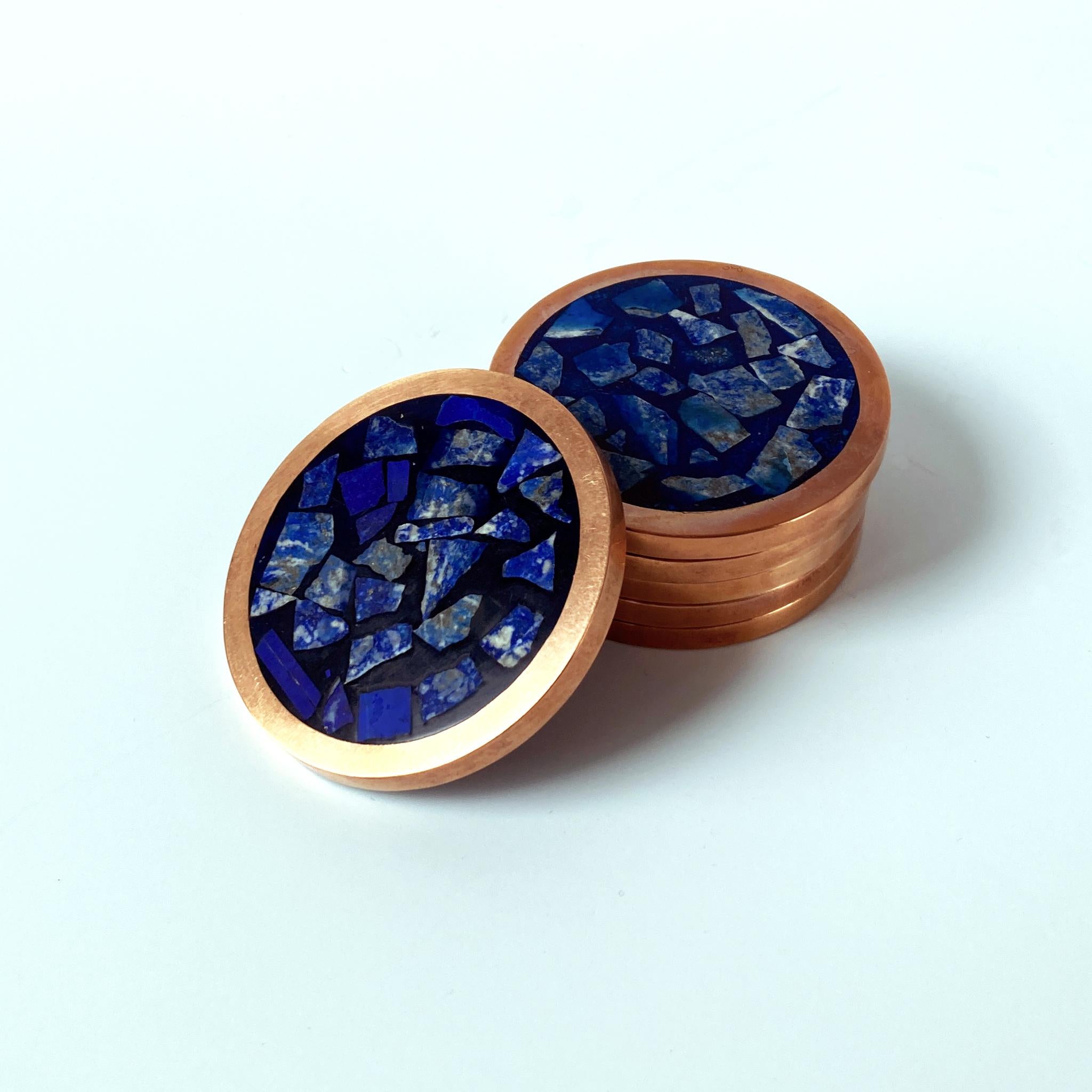 Midcentury Lapis Lazuli and Copper Coasters, Set of Six In Good Condition In New York, NY
