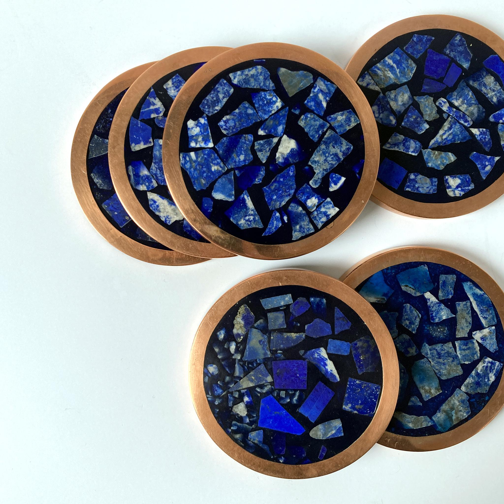 Mid-20th Century Midcentury Lapis Lazuli and Copper Coasters, Set of Six