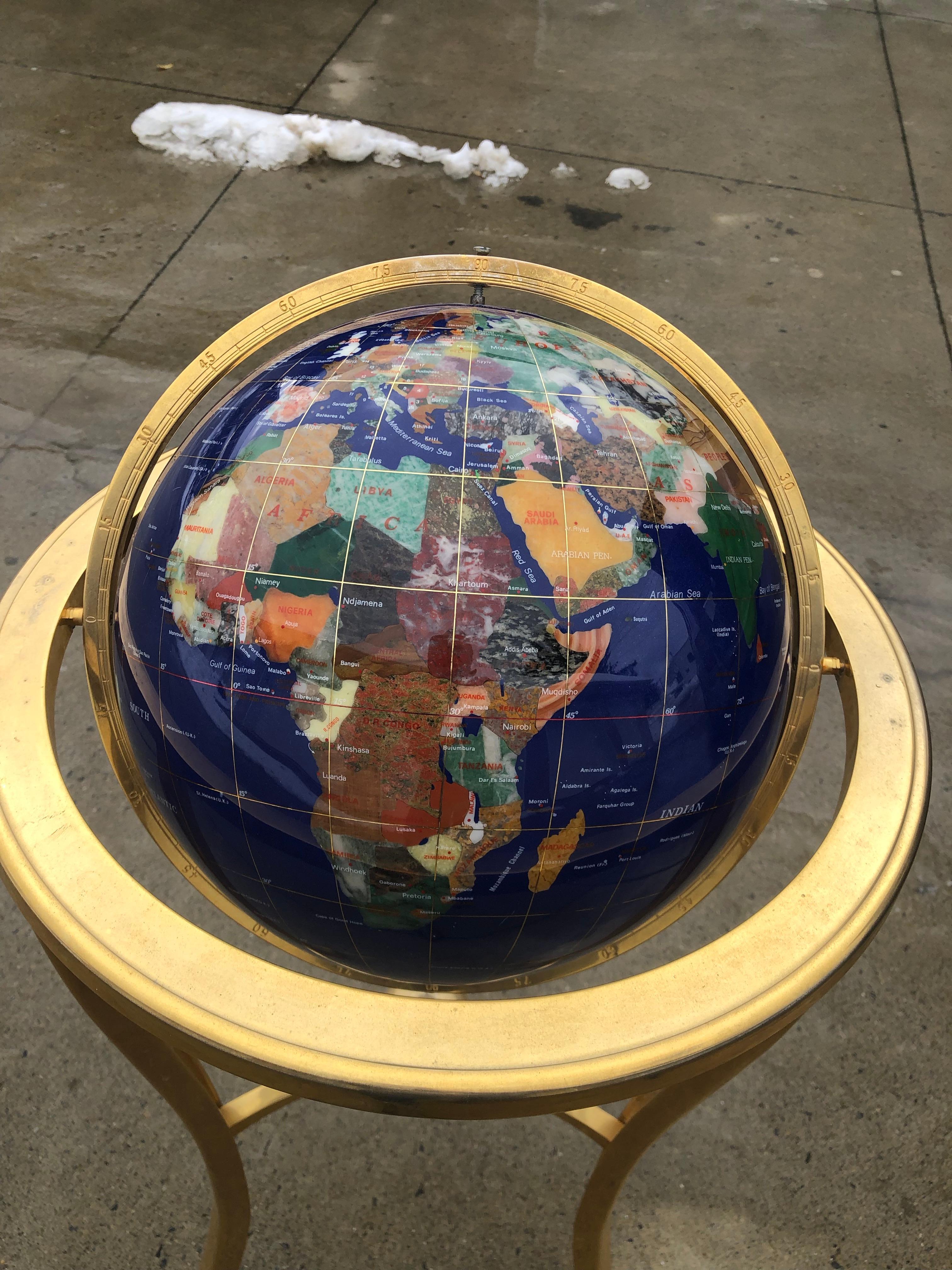Mid-Century Modern Midcentury Lapis World Globe on Brass Stand