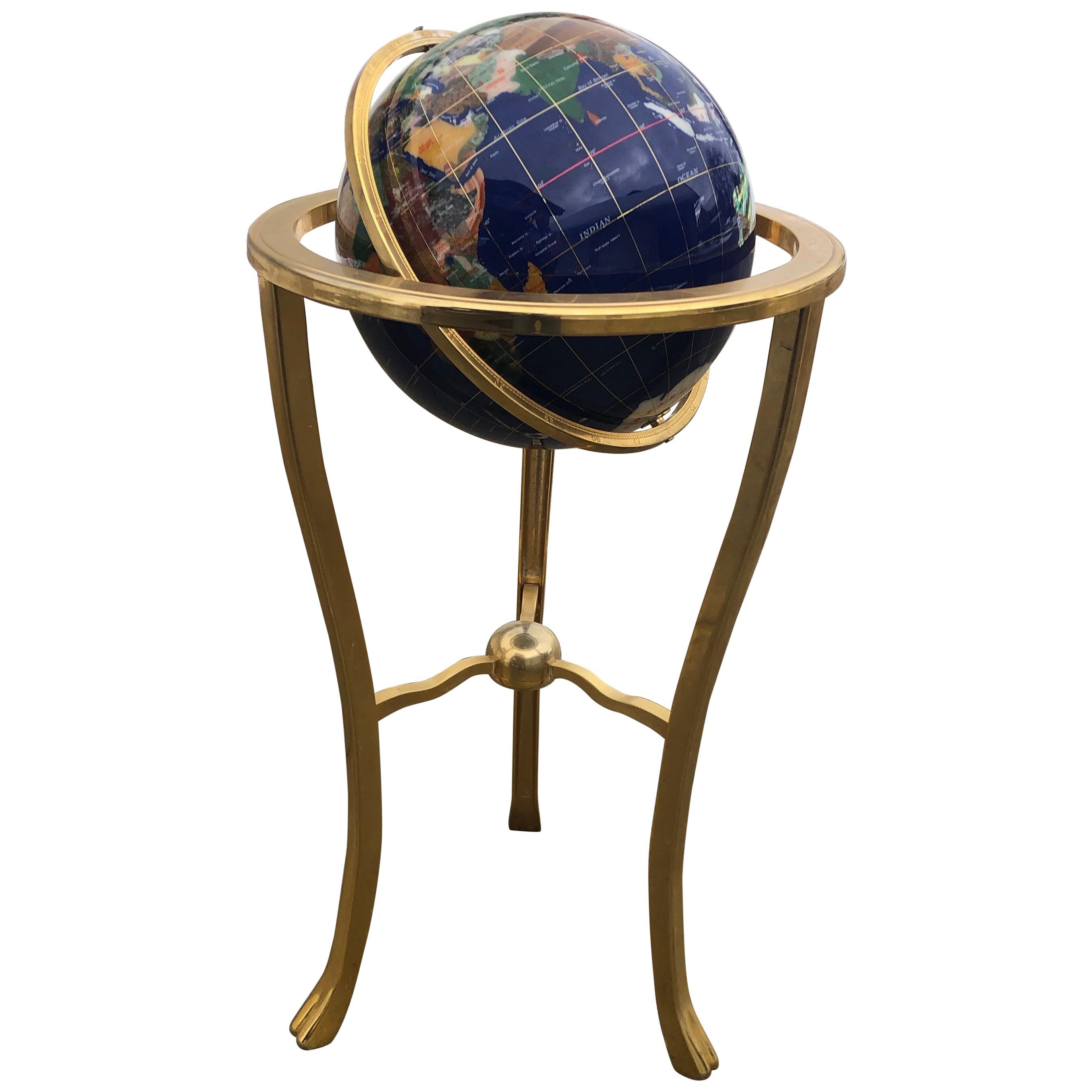 Midcentury Lapis World Globe on Brass Stand