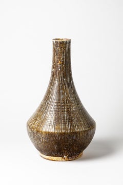 Midcentury Large Accolay Yellow and Brown Ceramic Base Table Lamp, circa 1950