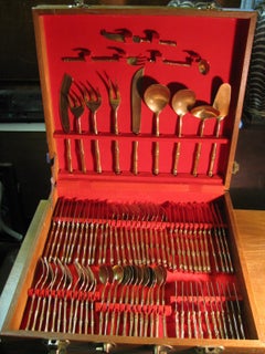 Mid Century Large Boxed Set Nickel Bronze Faux Bamboo Cutlery Service for 12