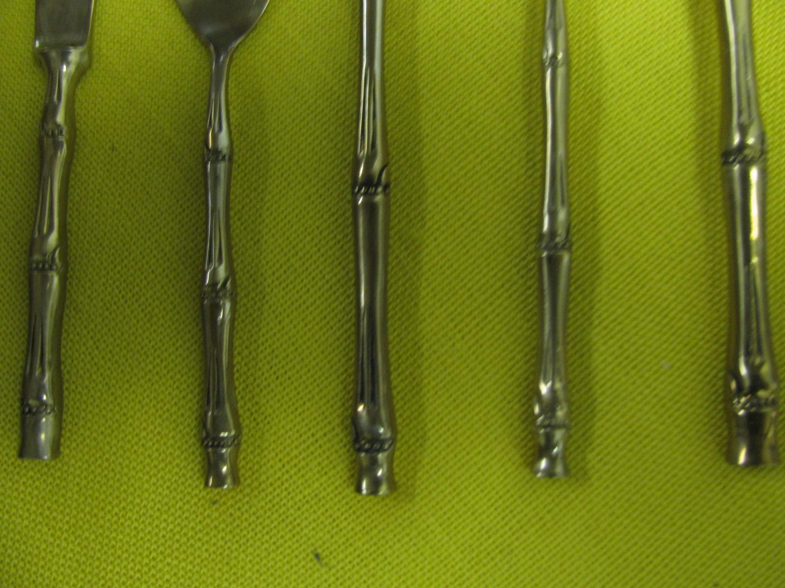 Chinese Chippendale Mid Century Large Boxed Set Nickel Bronze Faux Bamboo Cutlery Service for 12