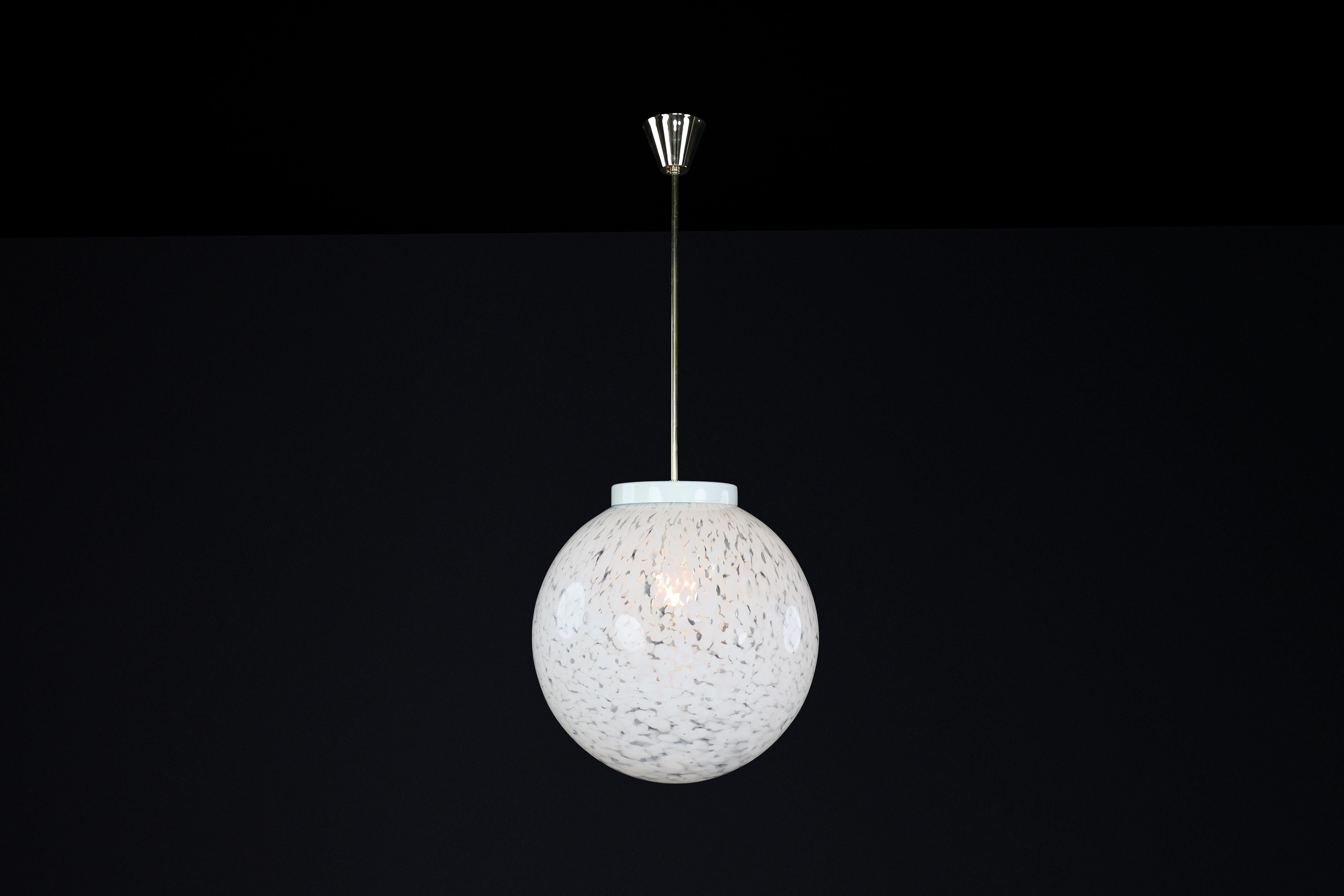 Mid-Century Modern Midcentury Large Brass and Art - Glass Pendant, Praque 1950s For Sale