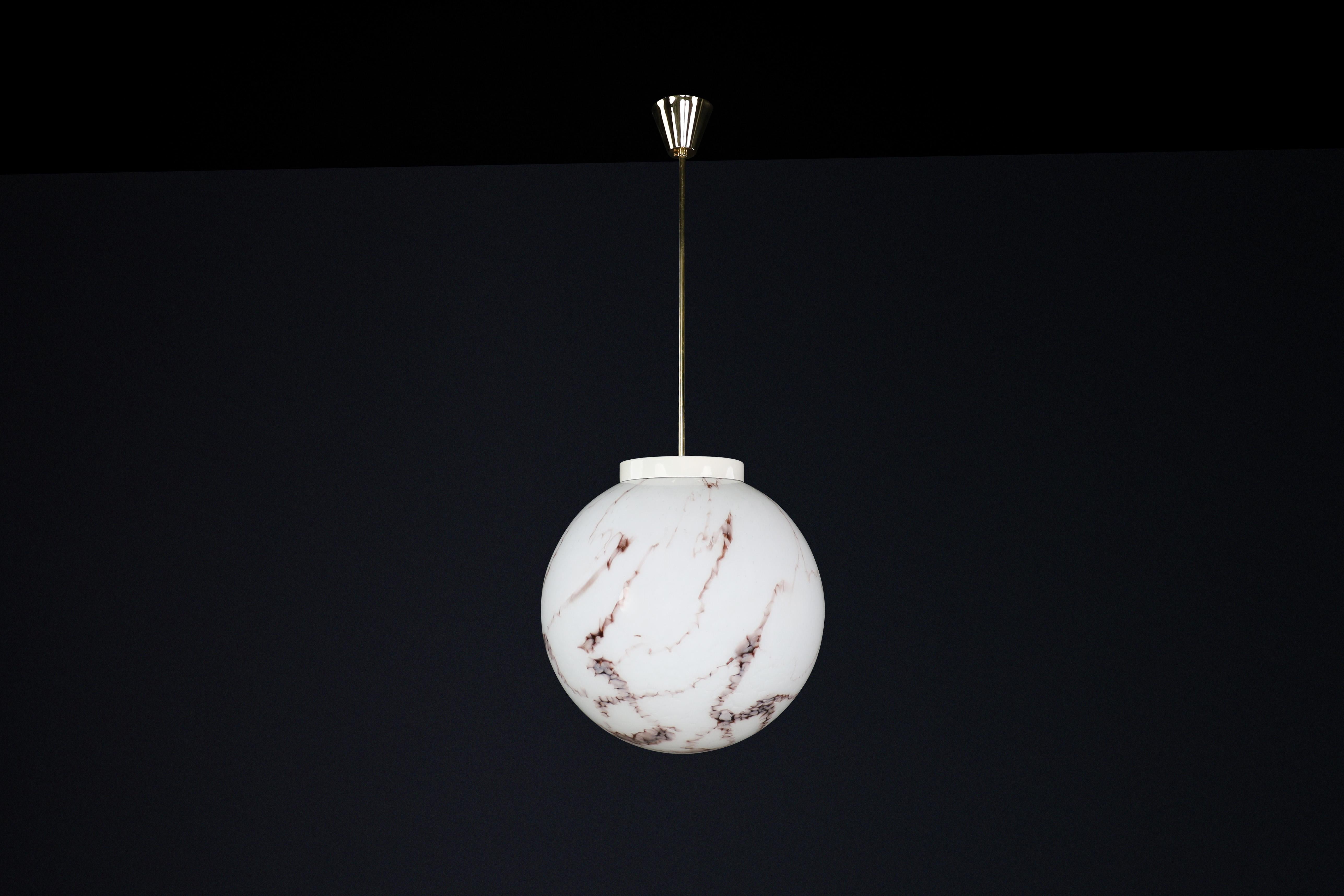 Midcentury Large Brass and Marble Opaline Glass Pendant, Praque 1950s For Sale 4