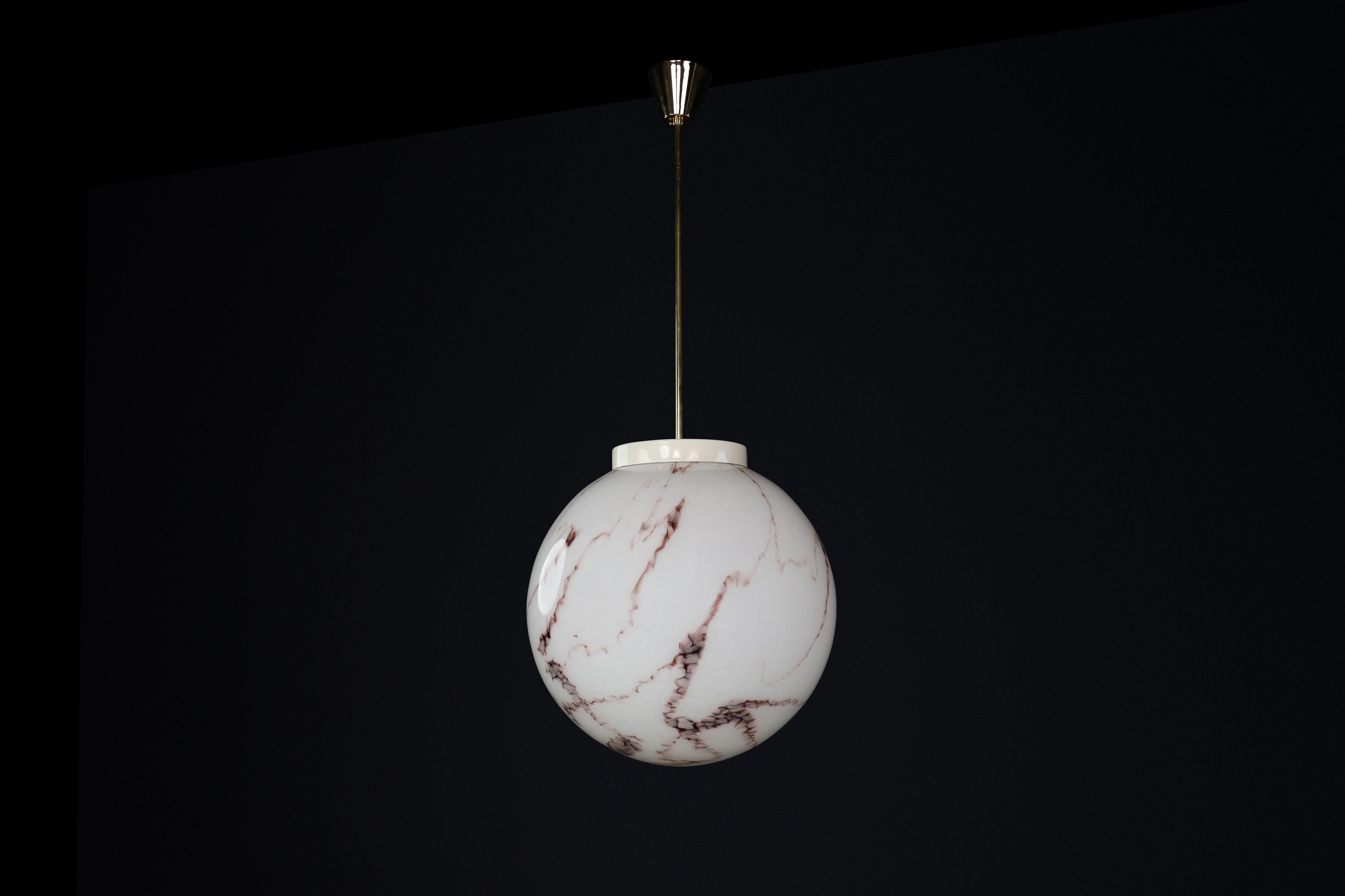 Midcentury Large Brass and Marble Opaline Glass Pendant, Praque 1950s For Sale 5