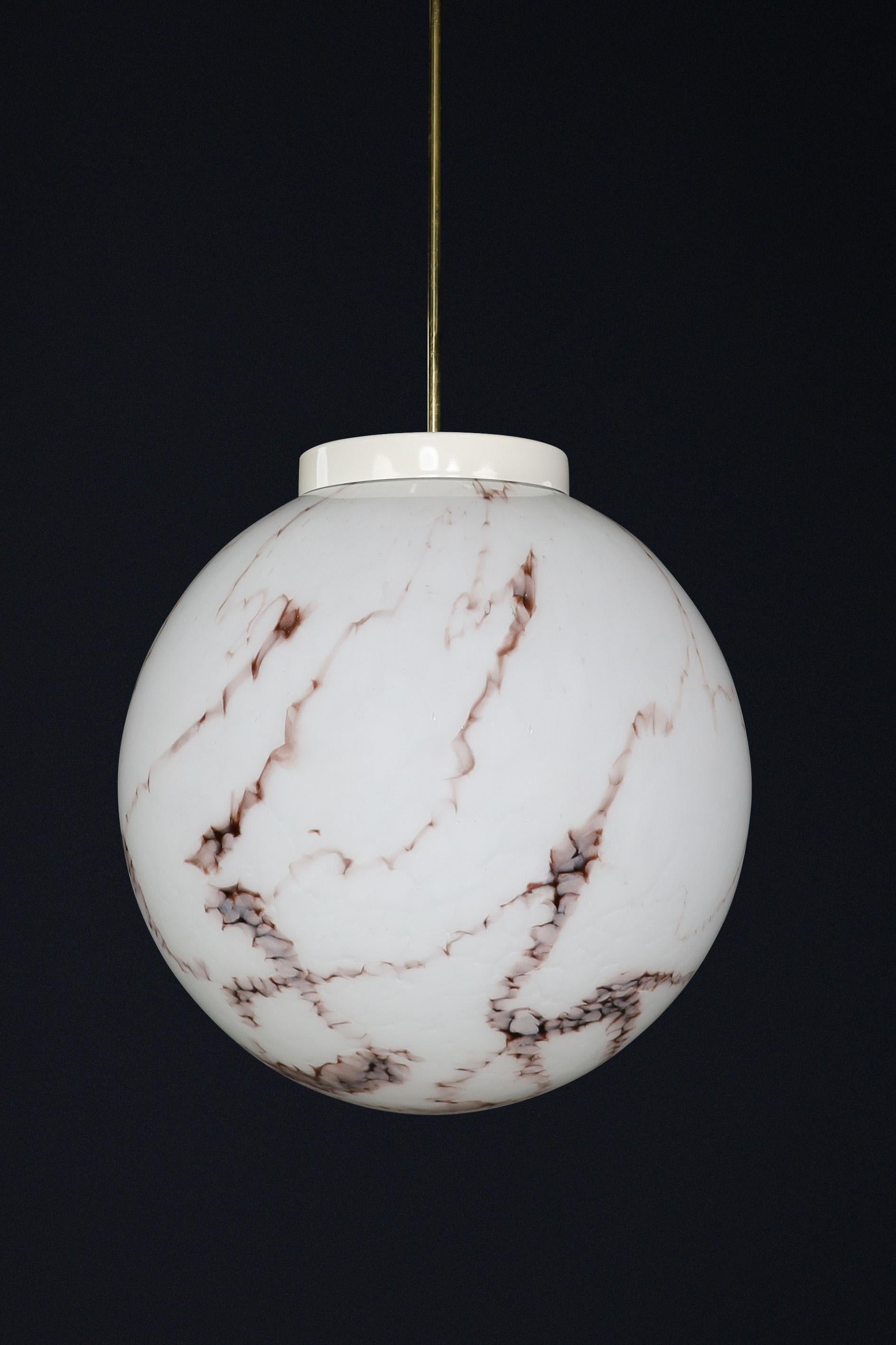 Midcentury Large Brass and Marble Opaline Glass Pendant, Praque 1950s For Sale 6