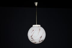 Midcentury Large Brass and Marble Opaline Glass Pendant, Praque 1950s