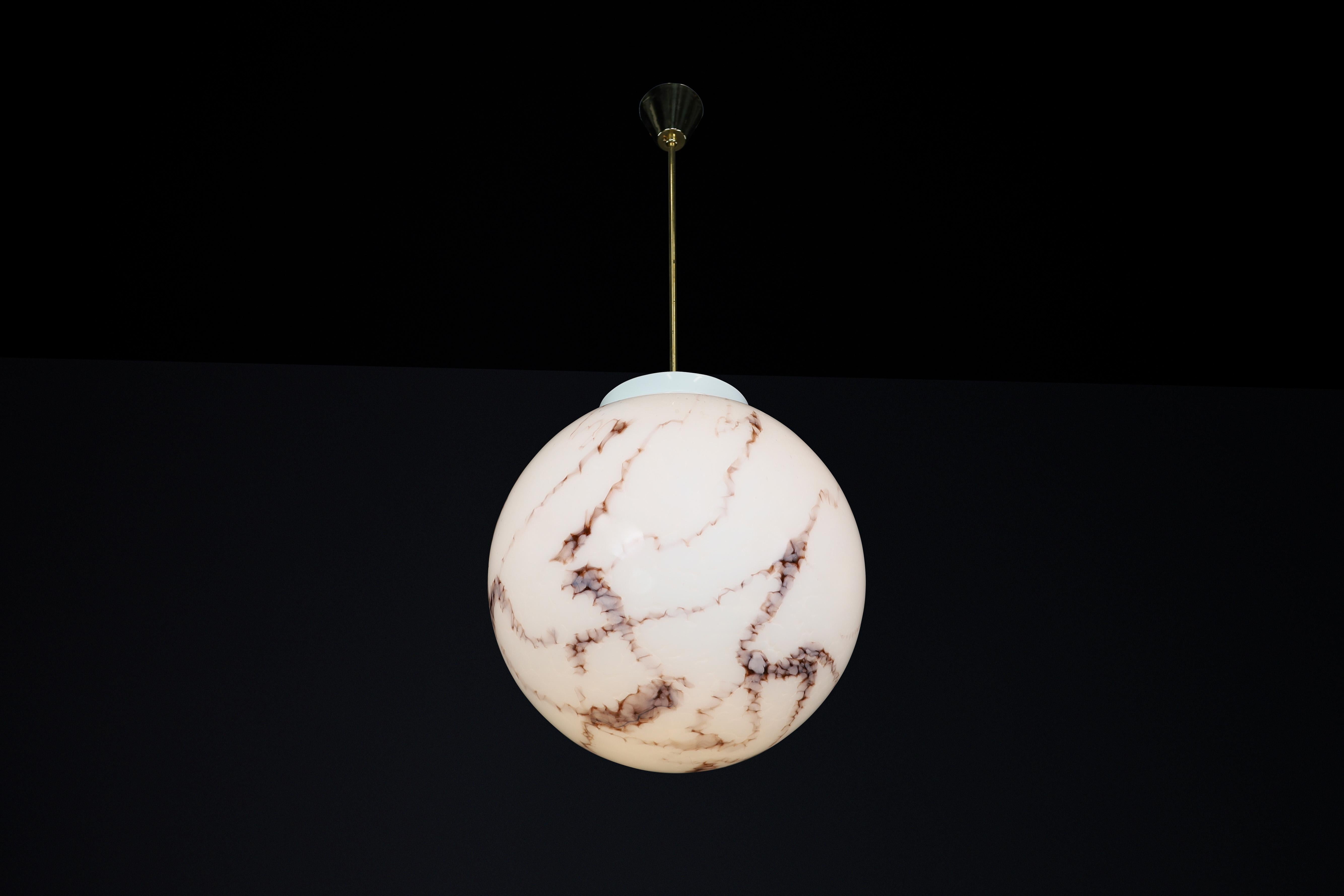 Mid-Century Modern Midcentury Large Brass and Marble Opaline Glass Pendant, Praque 1950s For Sale
