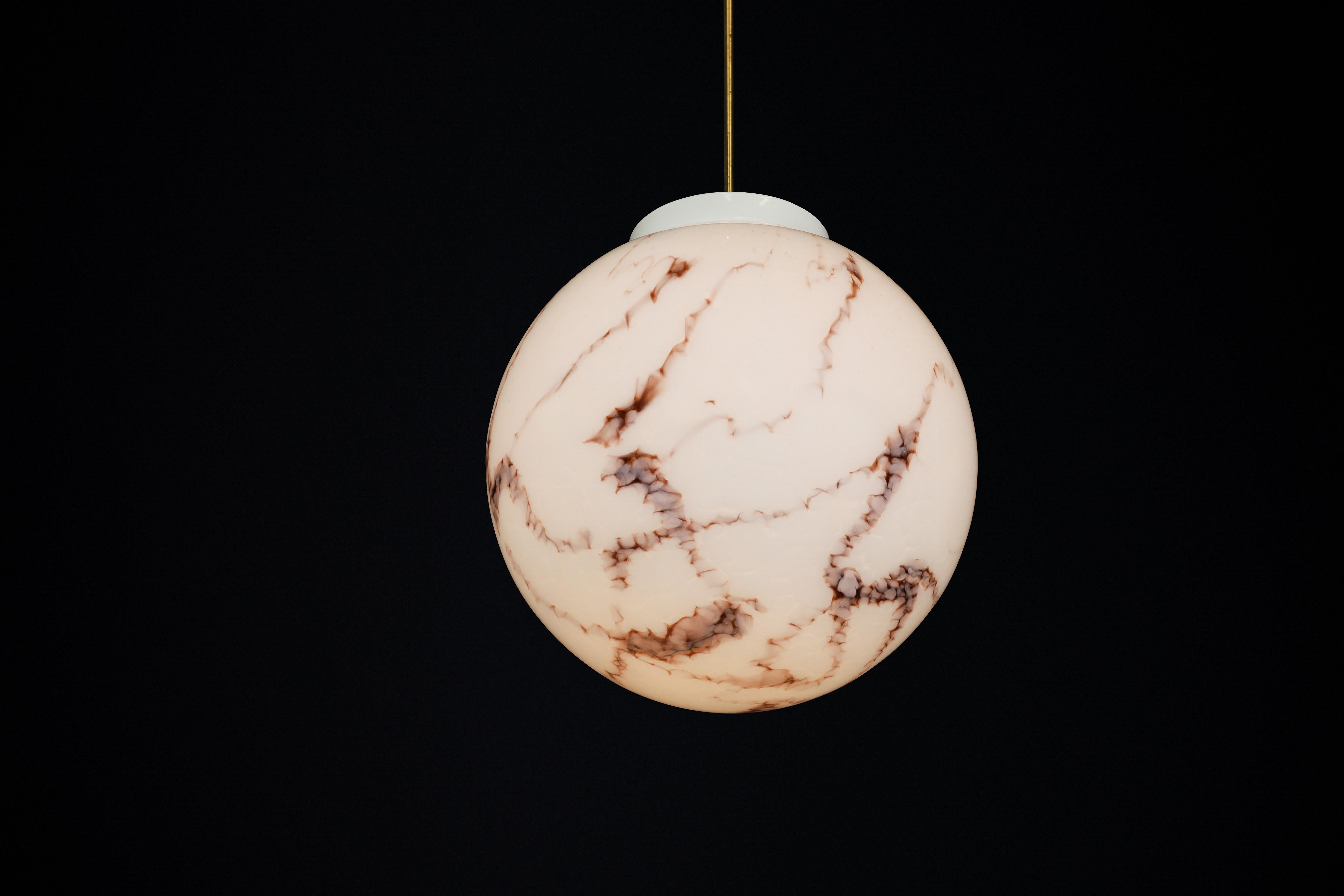 Czech Midcentury Large Brass and Marble Opaline Glass Pendant, Praque 1950s For Sale